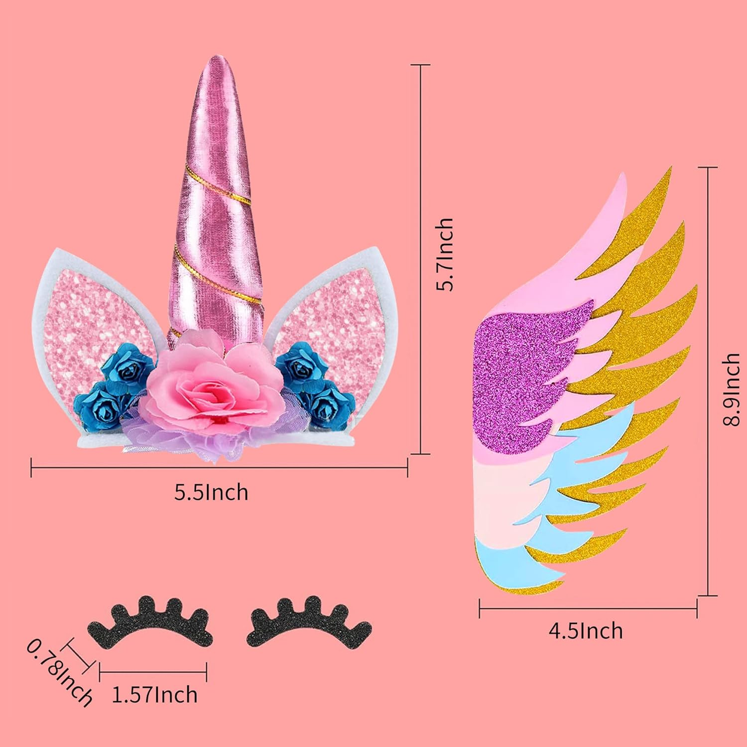Jevenis Unicorn Cake Decoration Unicorn Horn Eyelashes Wings Kit for Unicorn Cake Topper Rainbow Party Decoration image number 2
