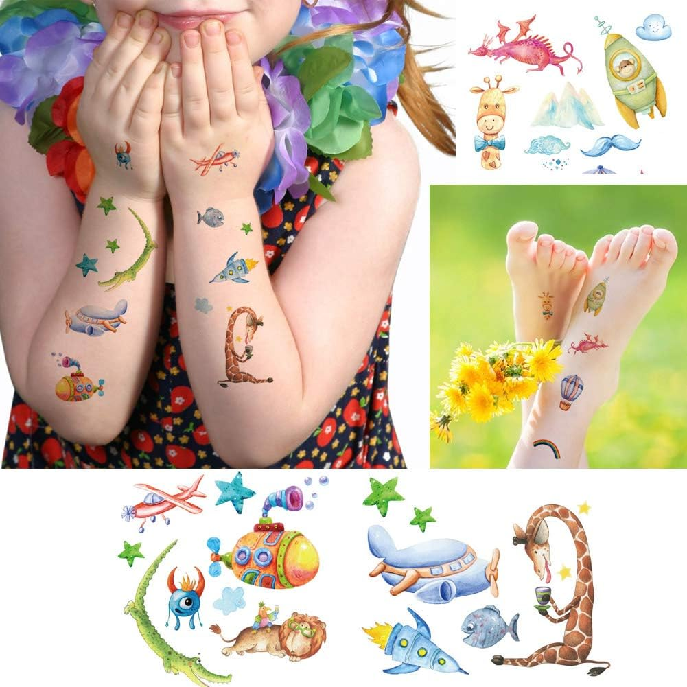 Kids Temporary Tattoos for Little Girls Boys, 120+ Small Space Astronaut Alien Dinosaur Mermaid Fake Face Stickers for Children Birthday Party Supplies Goodie Bag Stuffers