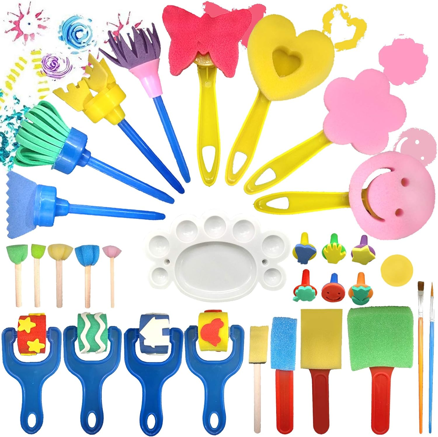 Finger Paint Sponges for Kids,Sponge Painting Brushes Set,Toddler Paint Set,Paint Set for Kids 6-12 Include Foam Brushes,Paint Roller Kit,Palette,Flower Pattern Brush,Brush Set. image number 1