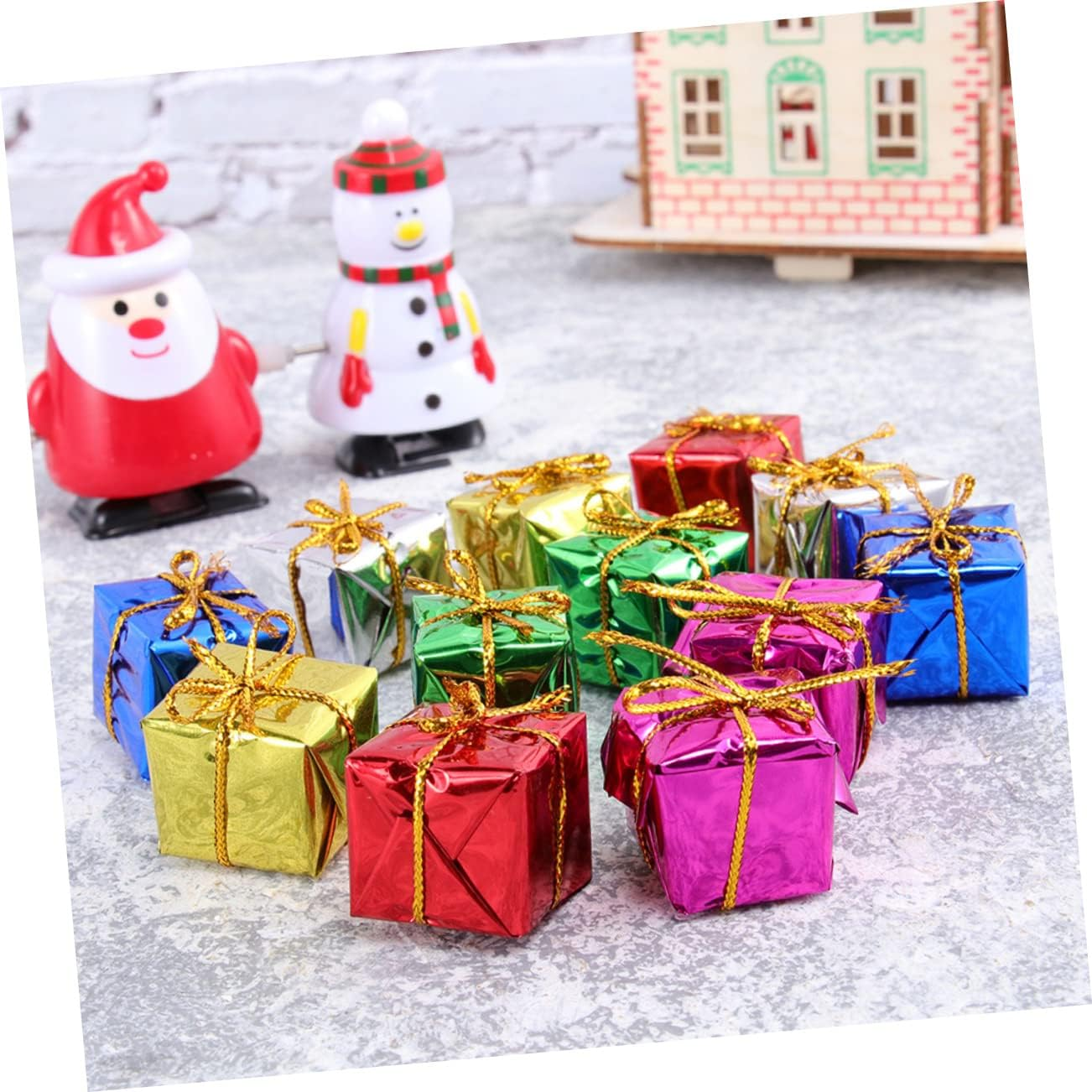 120Pcs Mini Christmas Box Hanging Decorations Holographic Foil Wrapped Ornaments Multicolour Xmas Tree Pendants Small Foam Boxes for Wall and Table Decor Color