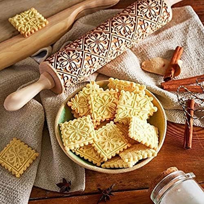 Christmas Wooden Rolling Pin for Baking Engraved Embossing Rolling Pin Cookie Stamps Roller Square Grid Cookies Mold Kitchen Decor Tools for Baking Embossed Cookies (Flower Window) image number 2