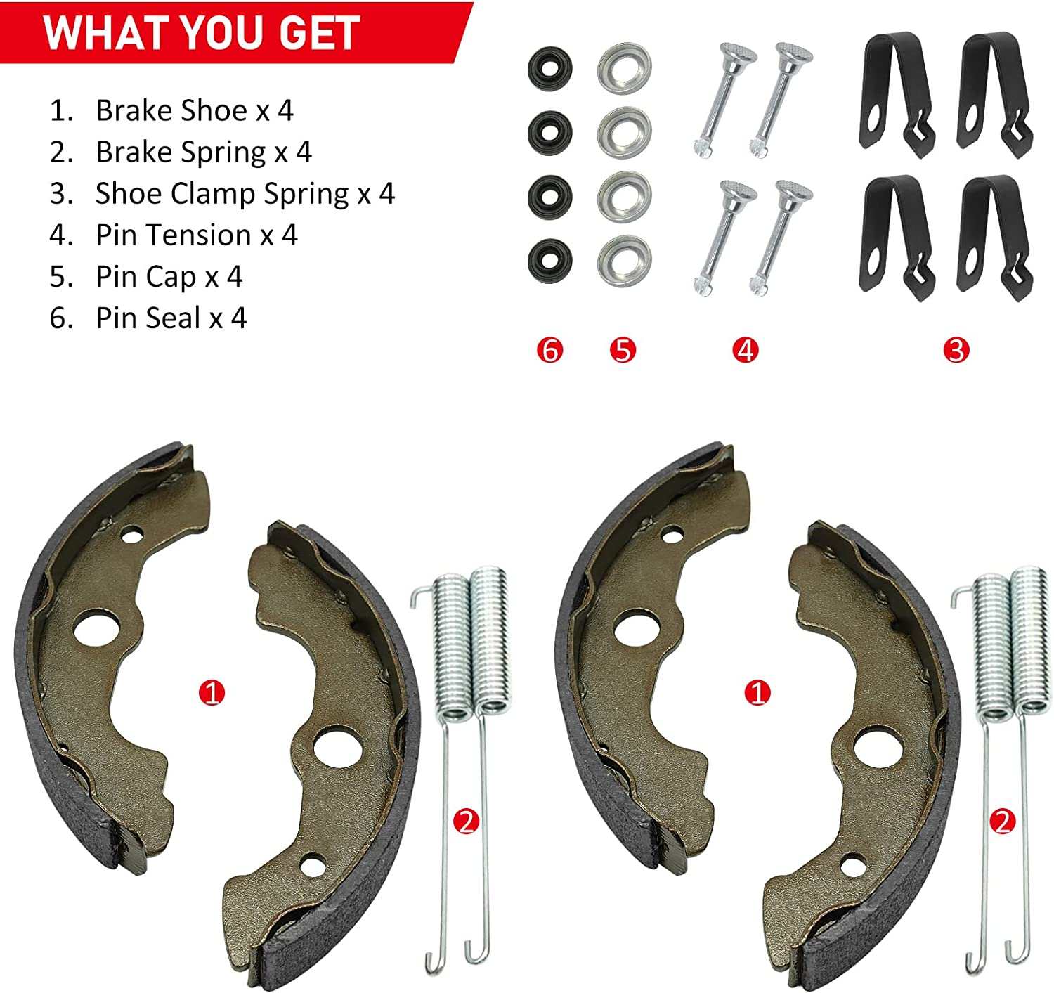 JAVIK Front Brake Shoes Springs Pins Kit for Honda TRX300FW 4X4, TRX350, TRX400, TRX450, TRX500, TRX650 Atvs (1988-2005) - Organic (Non-Asbestos) Material - 24 Items image number 1