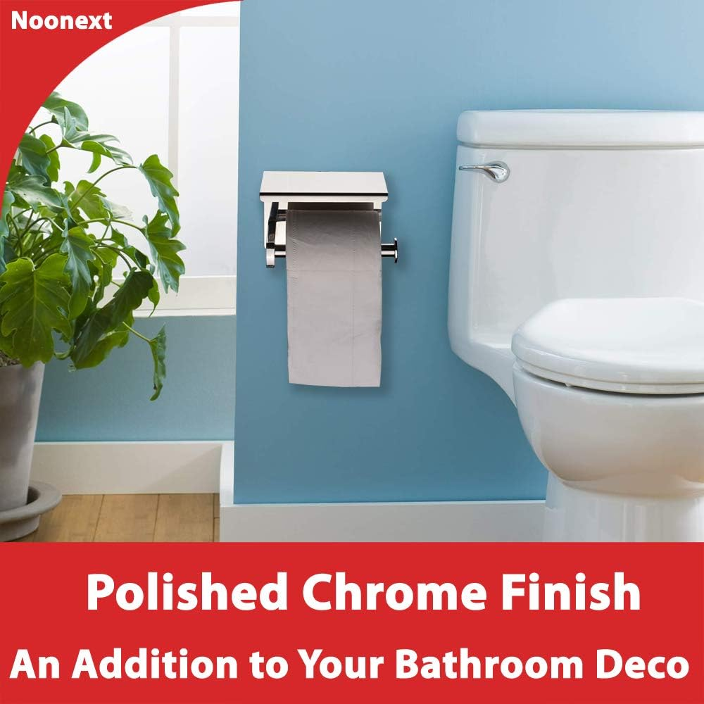 Toilet Paper Holder with Shelf Wall Mounted, Adhesive Toilet Paper Roll Holder, Stainless Steel Tissue Roll Dispenser Storage, Adhesive No Drilling or Drilling with Screws (Polished Chrome) image number 2