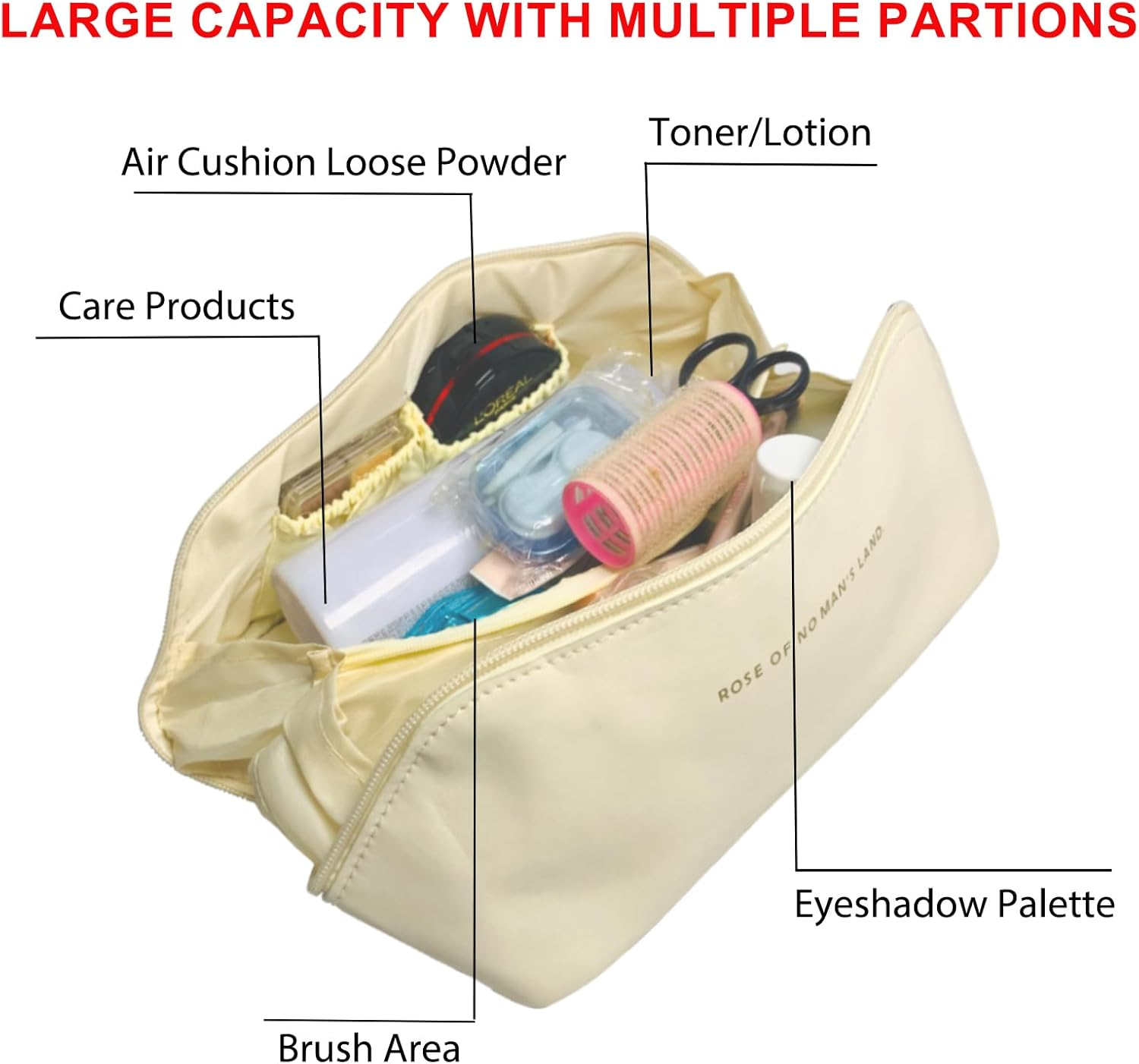 Travel Makeup Bag for Women, ZACHMEST Large Capacity Pouch Open Flat Cosmetic Bag with Compartments, Water-Resistant PU Leather Portable Toiletry Bag with Divider and Handle image number 3