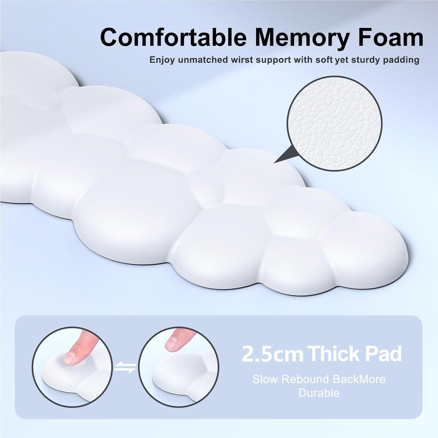 Keyboard Cloud Wrist Rest Set, Cloud Mouse Pad and Coaster, Memory Foam White Keyboard Wrist Rest with Leather Surface Non-Slip Base, for Typing Pain Relief, Office, Gaming, Computer, Laptop image number 3