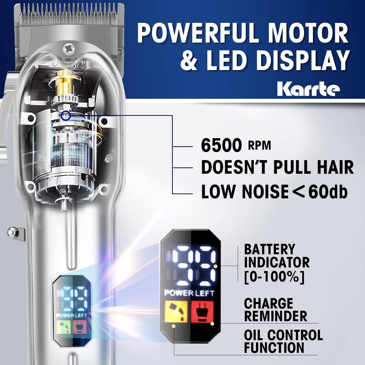 Karrte Professional Hair Clippers and Trimmer Kit,Cordless Hair Cutting Kit,Barber Supplies for Men Beard Trimmer Mens Grooming Kit Accessories (Silver) - Bronze image number 7