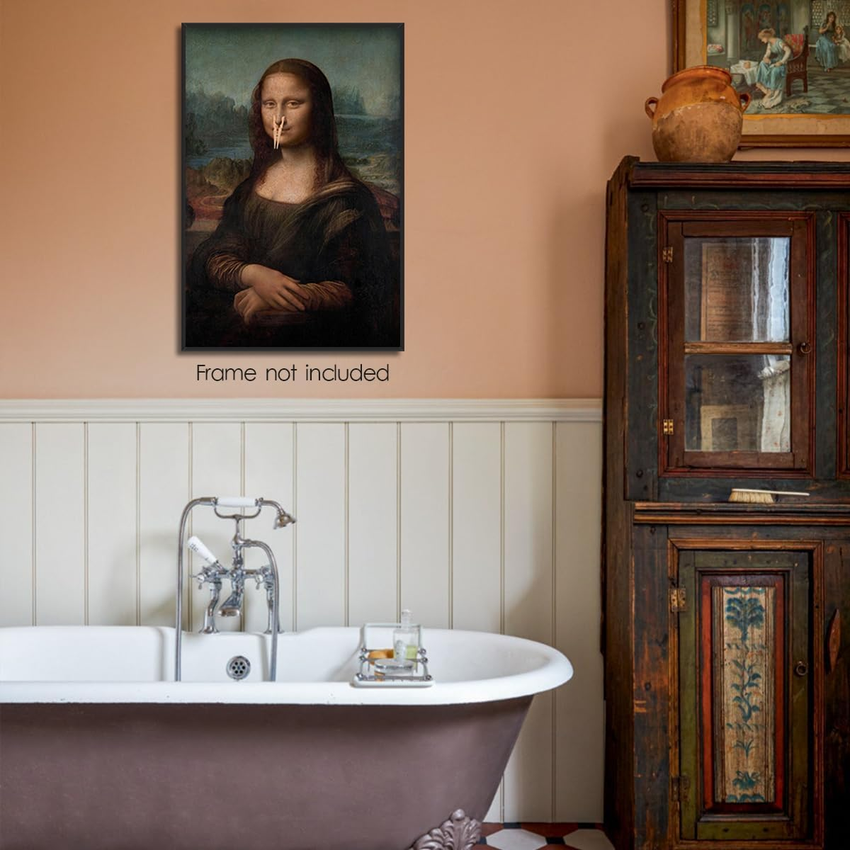 XMJJQQ Classical Mona Lisa Painting Bathroom Canvas Wall Art, Vintage Funny Bathroom Poster, Humor Amusing Toilet Art Prints, Bath Girl Pinching Nose Funny Wall Decor 16X24In Unframed image number 6