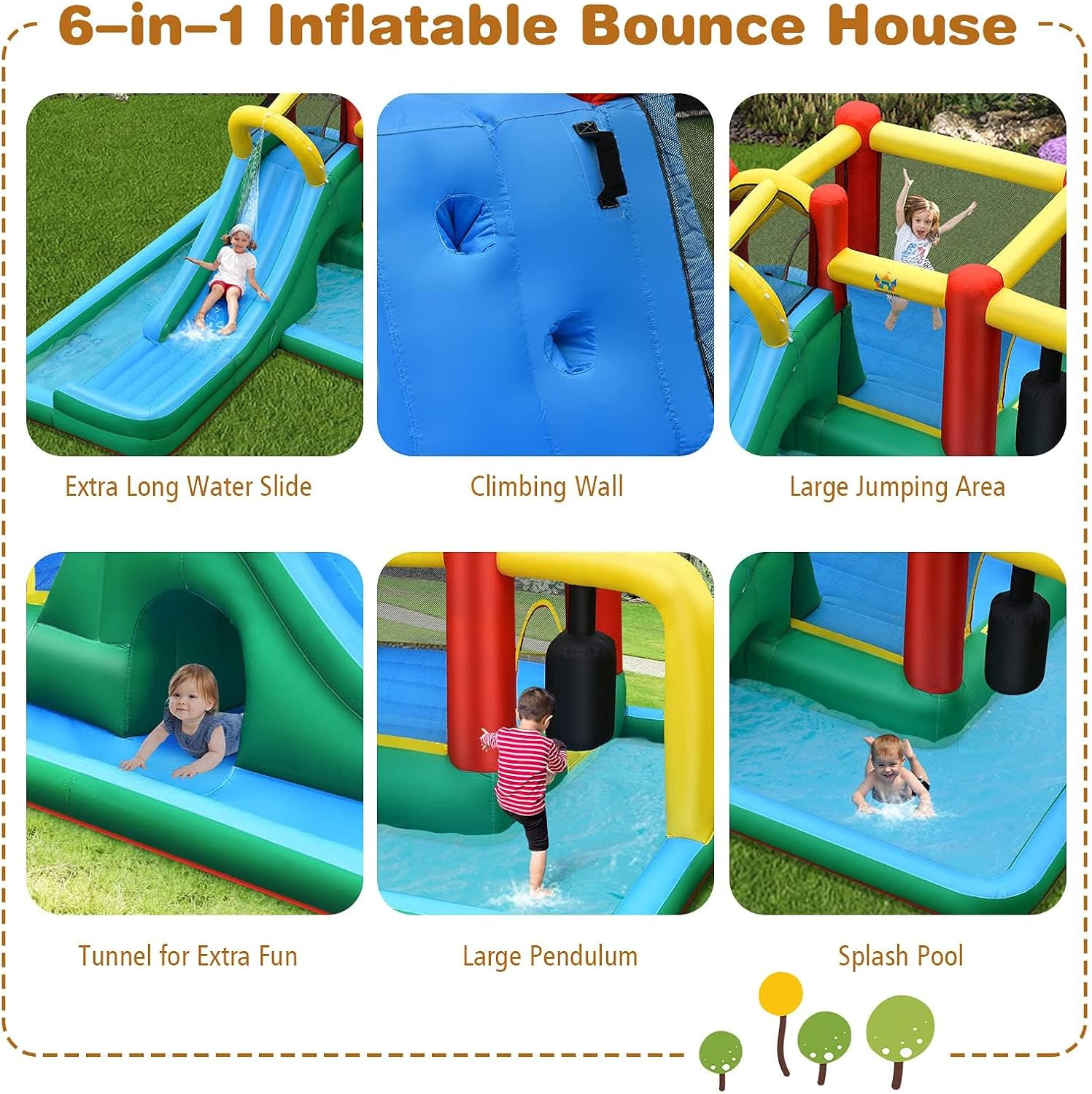 HONEY JOY Inflatable Water Slide, 6-In-1 Kids Water Slide Jumping Bounce House, Inflatable Pool with Slide, Climbing Wall, Tunnel, Pendulum, Blow up Water Slides for Backyard (Without Blower) image number 3