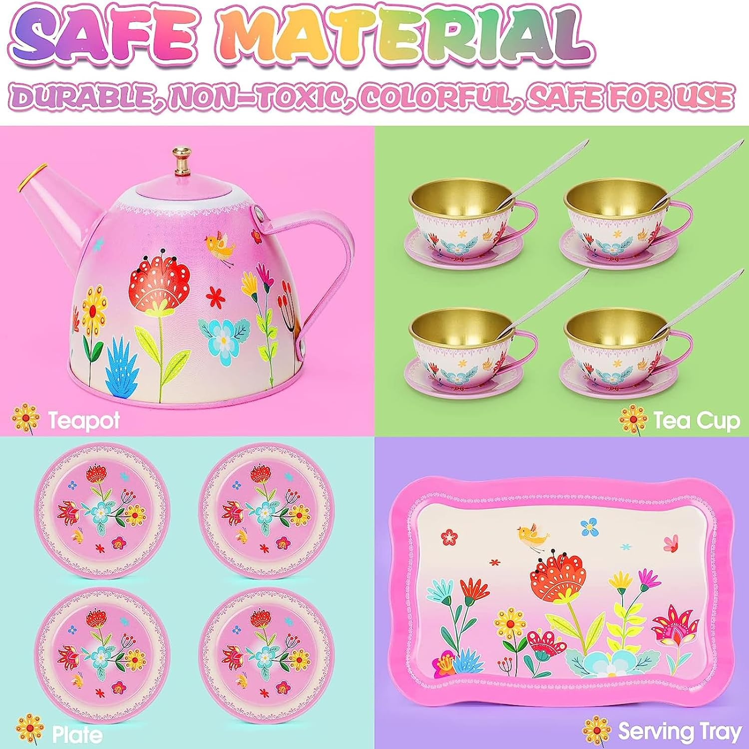 Tea Set for Little Girls, Birthday Gift for Age 3 4 5 6 Year Old, Toddler Toys Tea Party Set for Little Girls, Princess Kids Kitchen Pretend Toy with Tin Tea Set, Desserts & Carrying Case image number 4