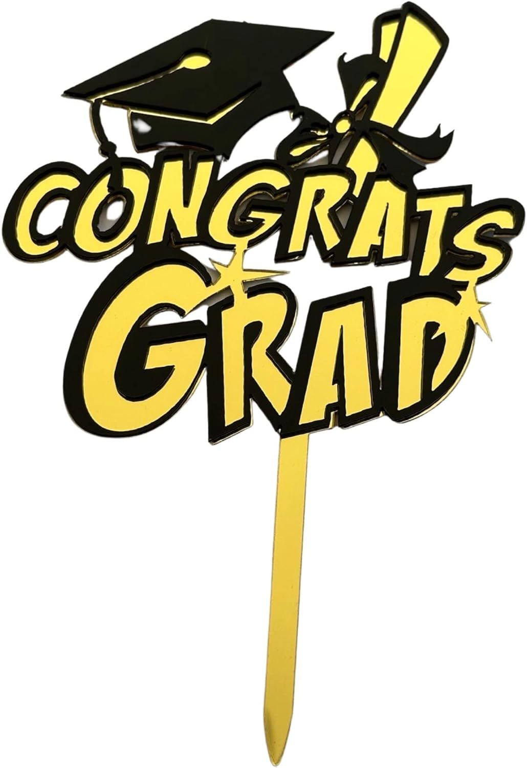 Congrats Grad Cake Topper, Class of 2023 Graduation Cake Toppers Acrylic Gold Black Mirror for Graduation Party Cake Decorations (D)