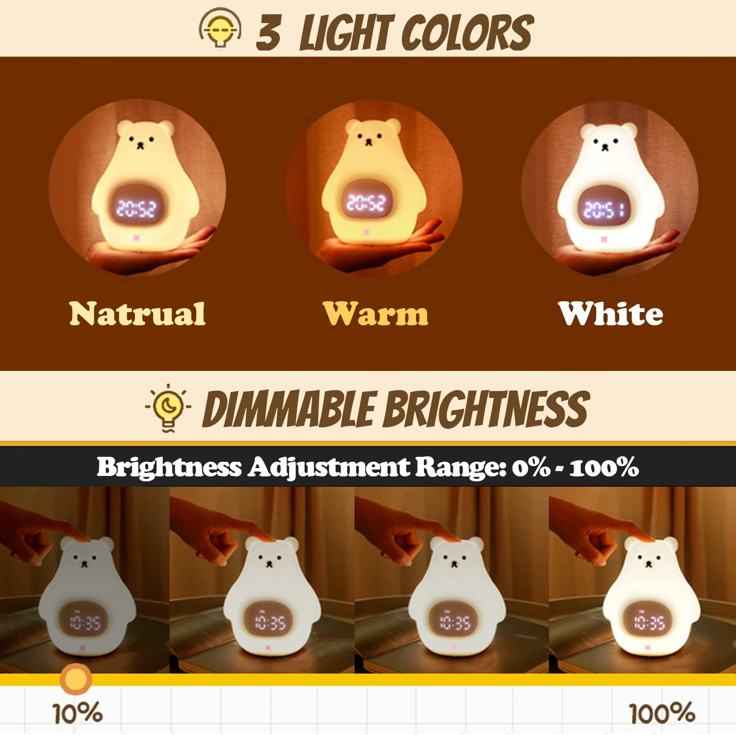 Bear Night Light, Cute Kids Alarm Clock, Soft Bpa-Free Silicone Portable Nursery Lamp, Children USB Rechargeable Nightlight for Girls Boys Toddler Birthday Gifts Bedroom Room Decor image number 4