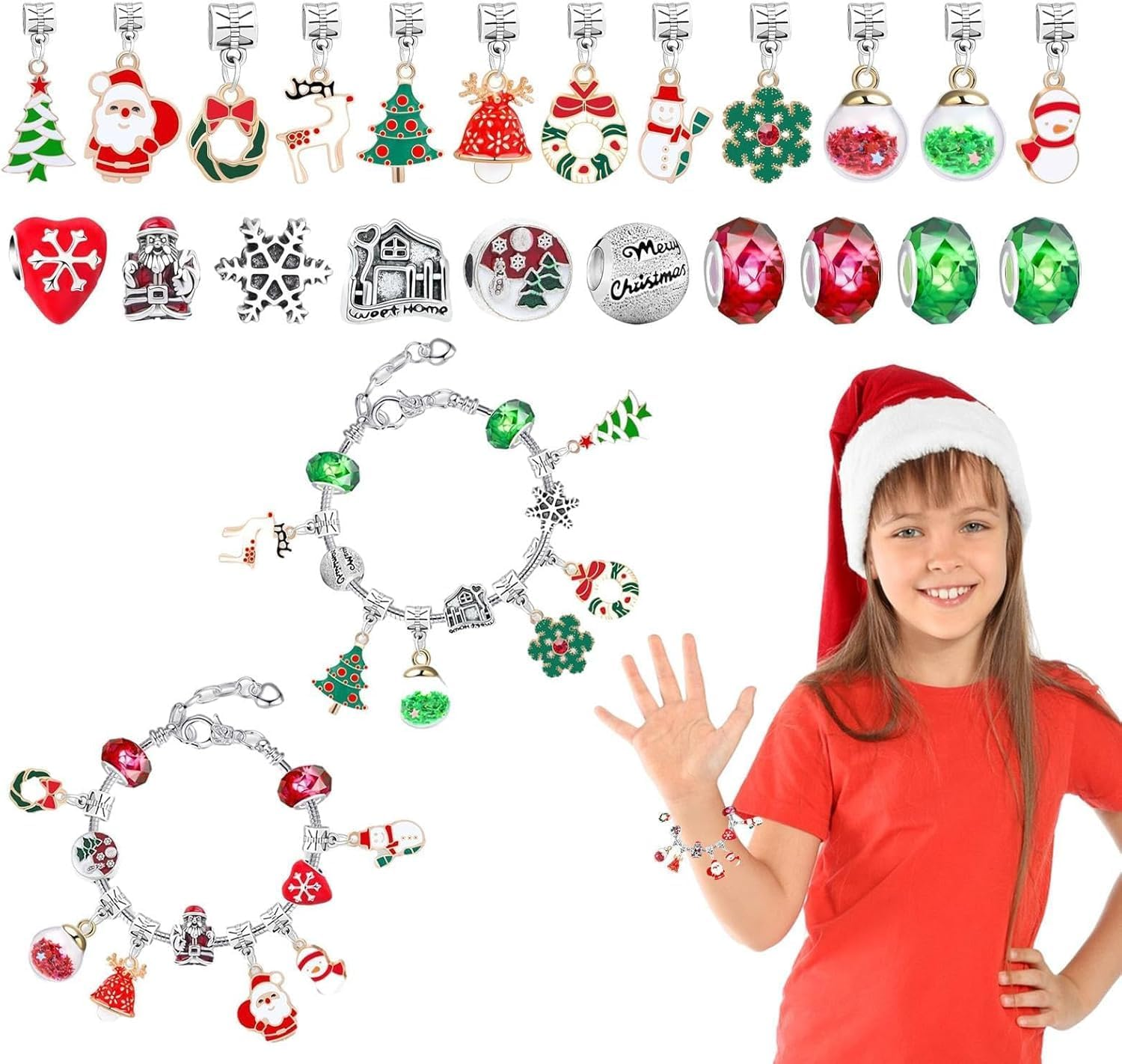 Bracelets Advent Calendar, Bracelets Advent Calendar Kit with 22 Charm and 2 Bracelets, Unique 24 Days Jewelry Christmas Countdown Calendar (Red) image number 2