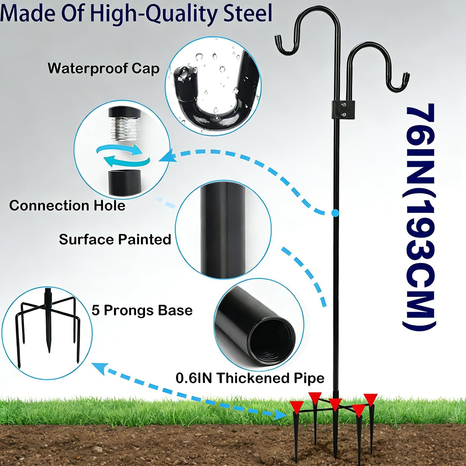 Double Shepherds Hooks for Outdoor, Adjustable Bird Feeder Pole 72 to 193Cm with 5-Prong Base, Heavy Duty Garden Shepards Hooks for Outdoor Plant Hanger, Wedding Decoration, Bird Feeder (76) image number 6