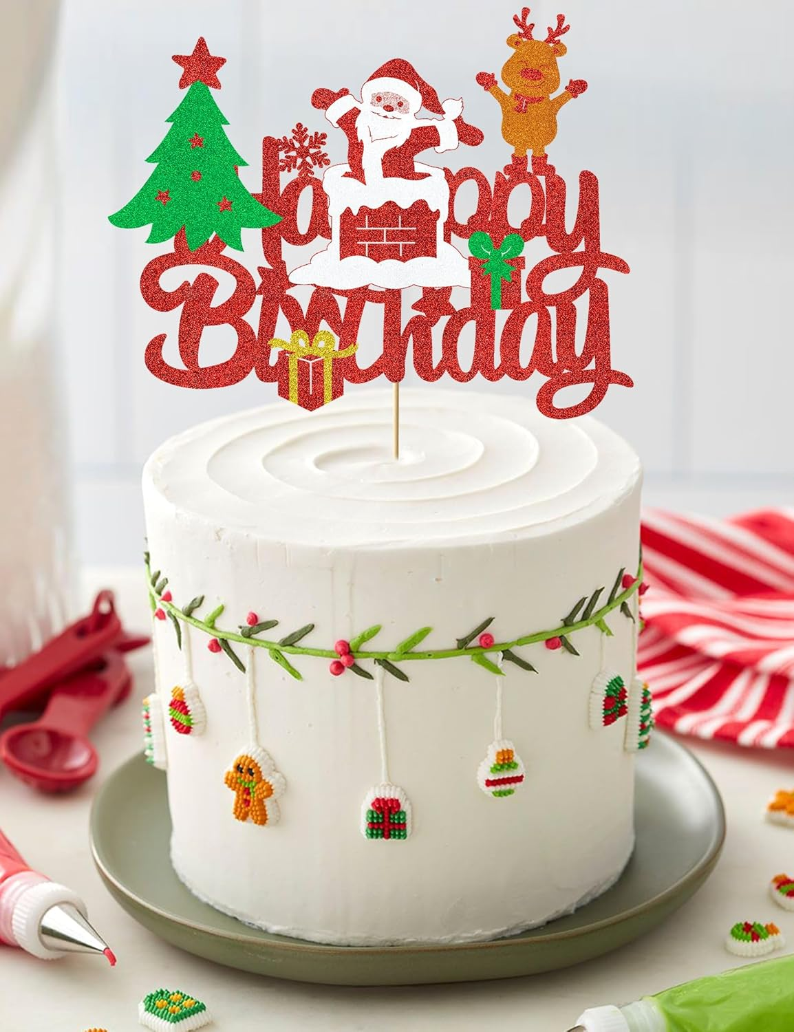 Santa Clause Birthday Cake Topper - Glitter Red Reindeer Winter Christmas Party Decoration Supplies image number 4
