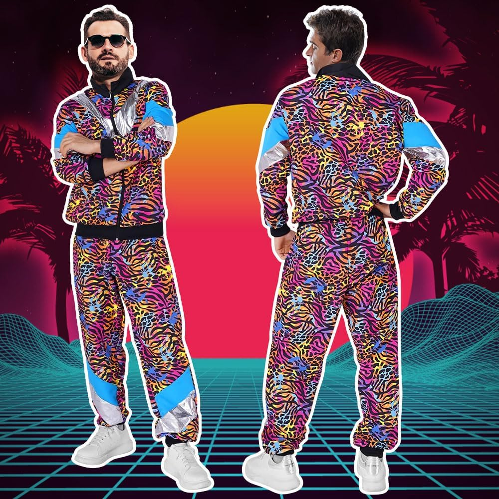 AUTOWT 70S 80S Shell Suit with Leopard Pattern, Women Men Lightweight Long Sleeve Zippered Jacket Pant Set, Color Block Retro Disco Sportswear Hip Hop Tracksuit for Rock Festivals Carnival Party image number 2