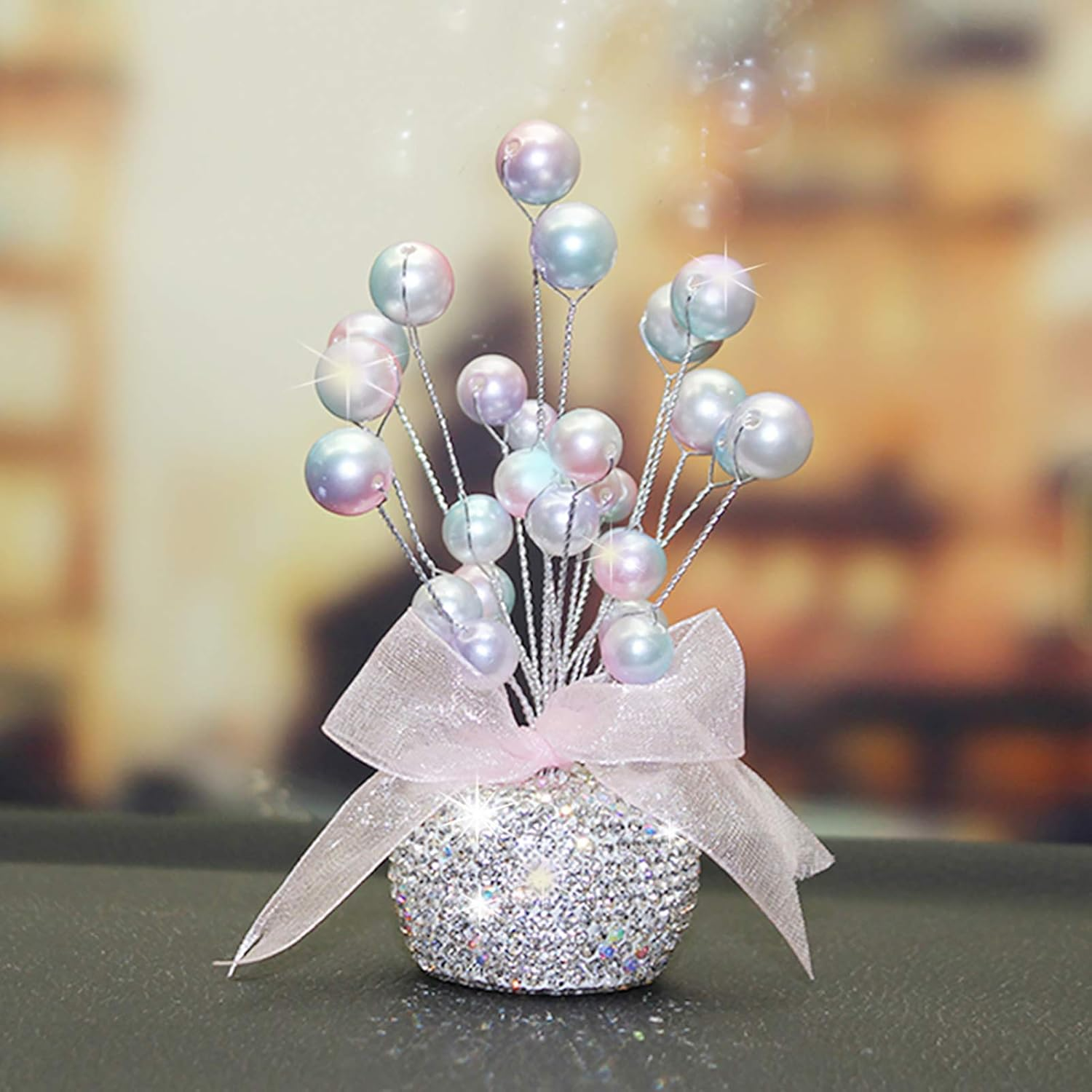 Bling Car Dashboard Display Decorations, Auto Colorful Pearls and White Rhinestones Crystal Decor Flower, Pink Cute Bling Interior Car Accessories for Women, Girl