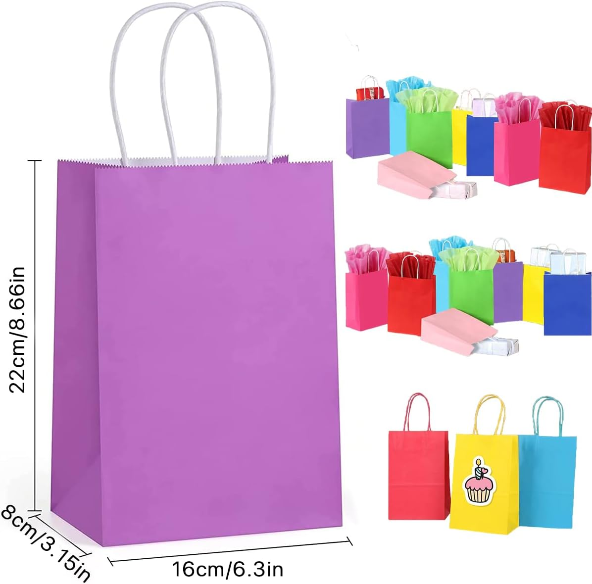 24 Piece Party Favor Gift Bags, 8 Colors Kraft Paper Candy Bags Bulk, Goodie Bags Rainbow Paper Bags with Handles for Wedding, Baby Shower, Birthday, Gifts, Shopping and Party Supplies,Small Gift image number 4