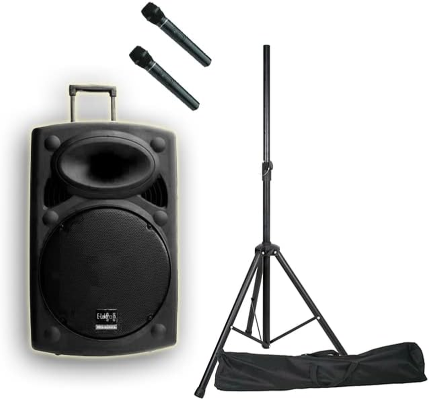 E-Lektron EL38-M 15 Inch Mobile PA Sound System Bluetooth Battery Recoding MP3 USB SD Incl. 2 Wireless Microphones 900W Karaoke Sound System with Stand image number 4