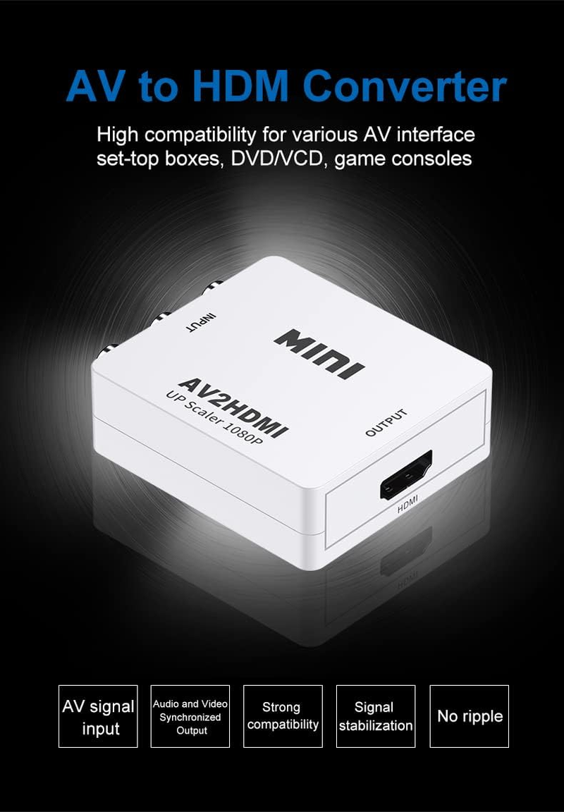 RCA to HDMI,AV to HDMI Converter, 1080P Mini RCA Composite CVBS Video Audio Converter Adapter Supporting PAL/NTSC for TV/PC/ PS3/ Stb/Xbox Vhs/Vcr/Blue-Ray DVD Players image number 6