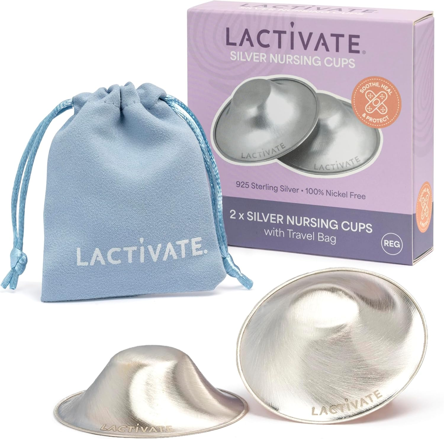Lactivate Silver Nursing Cups S/M 45Mm &ndash; Pure Solid 925 Sterling Silver Nipple Shield for Breastfeeding &ndash; Soothe Sore, Cracked Nipples &ndash; Set of Two Breast Shields in a Soft Storage Pouch image number 1