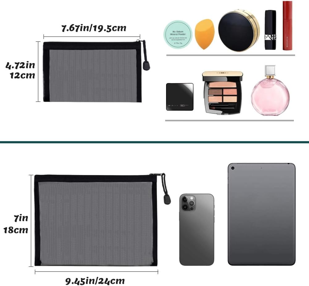 6 Pack Mesh Cosmetic Bags, Nylon Makeup Pouches with Zipper for Home Office Purse Diaper Bag (Black) - Black image number 5