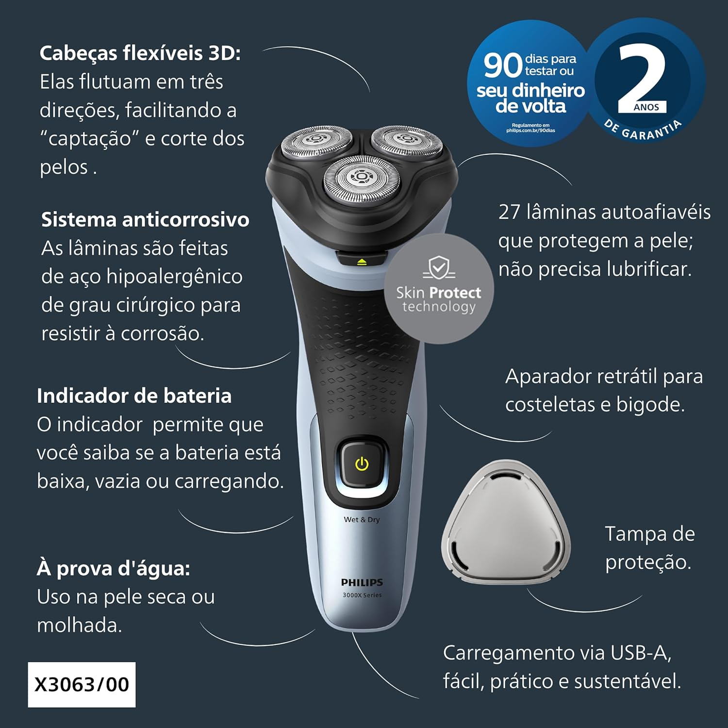 Philips Shaver 3000X Series Wet & Dry Electric Shaver X3063/00, 2 Years Warranty
