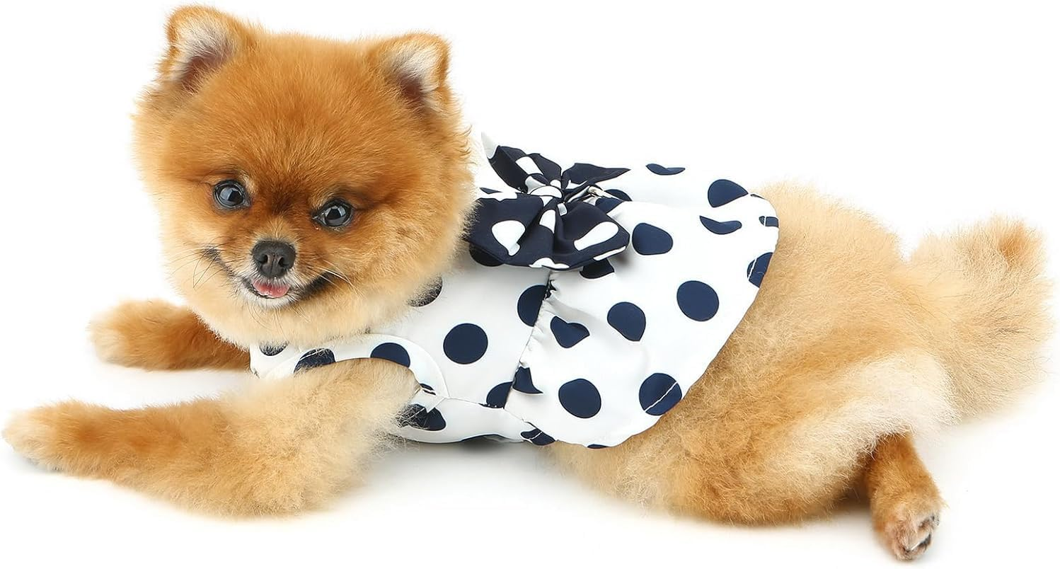 Polka Dot Dog Dress for Small Dog Girls Puppy Harness Dress with D Ring and Bow Spring Summer Breathable Pet Short Skirt (White, L) image number 6