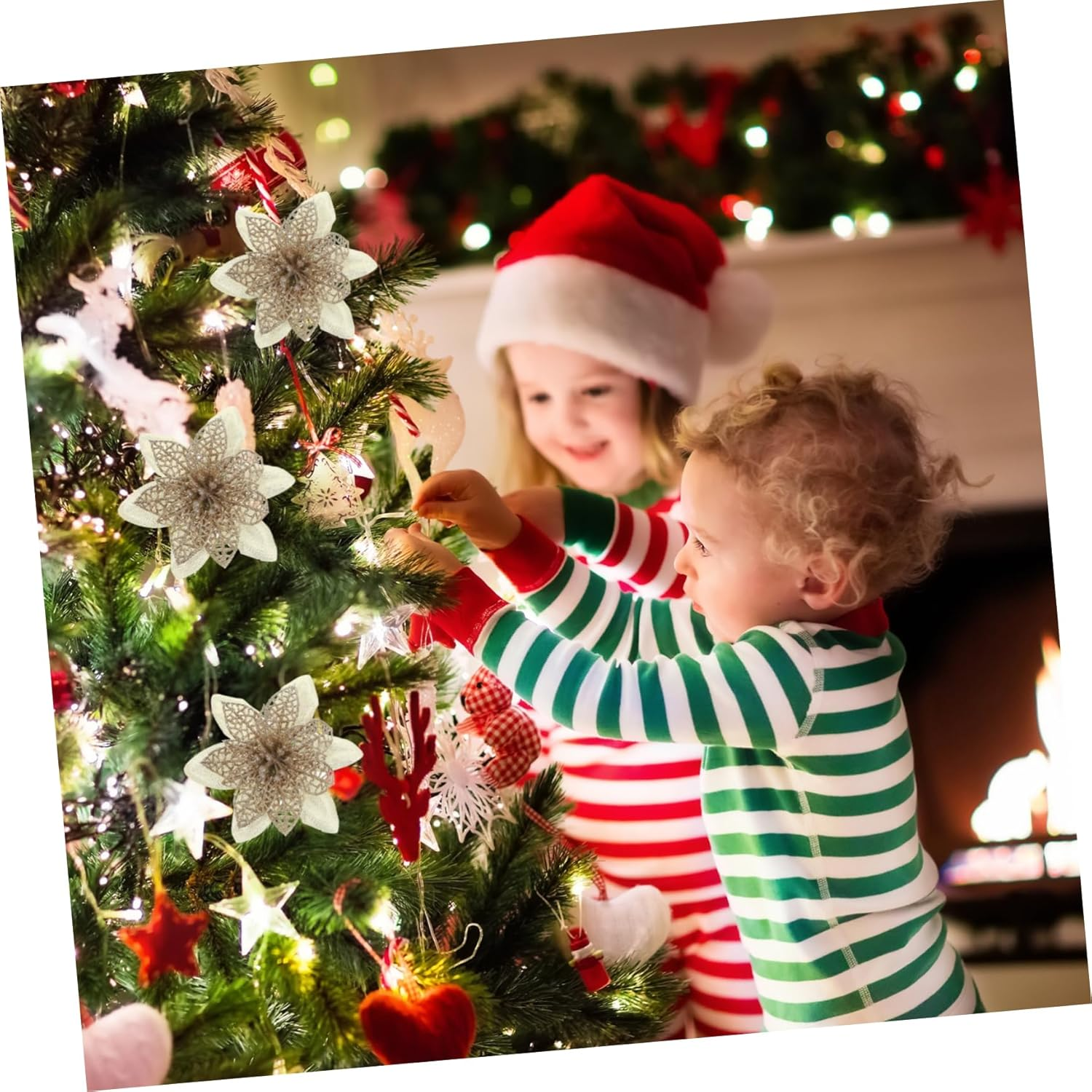 12Pcs Artificial Poinsettia Flowers Glitter Decorations for Christmas Tree Wreath Garland Realistic Holiday Ornaments for Home Party and Festive Decor image number 1