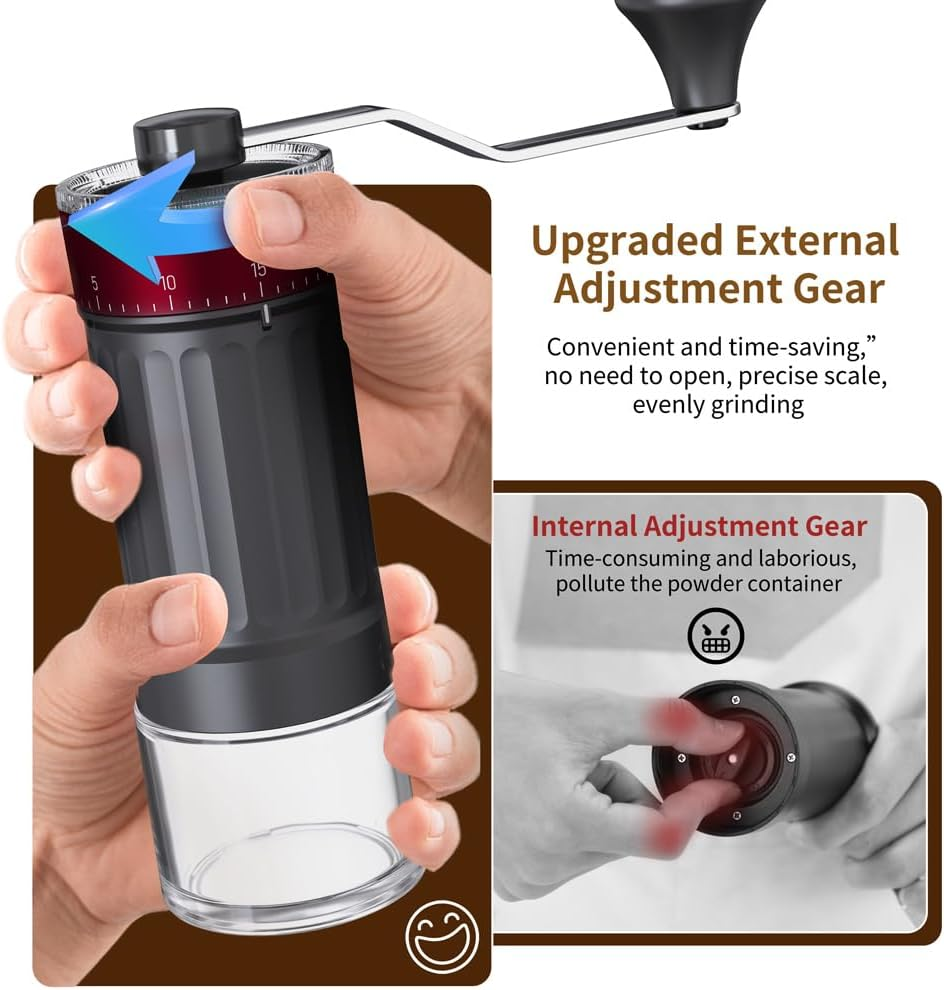 Portable Coffee Grinder Conical Burr for Espresso French Press Pour over Double Bearing Internal Adjustment Capacity 25G (External Adjustment Ceramic Burrs)