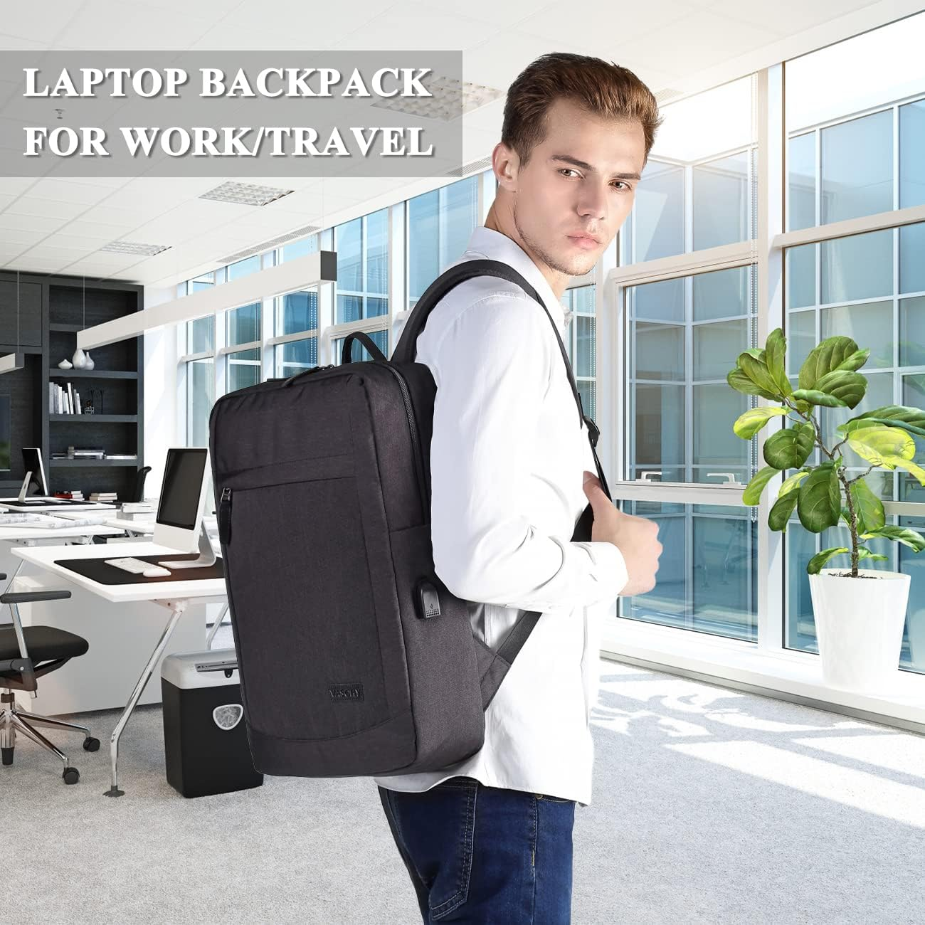 Laptop Backpack for Men Women, VASCHY Lightweight Business Backpack Fits 15.6-17 Inch Laptop College School Computer Bag for Work Travel Rucksack with USB Charging Port Black - Black image number 6