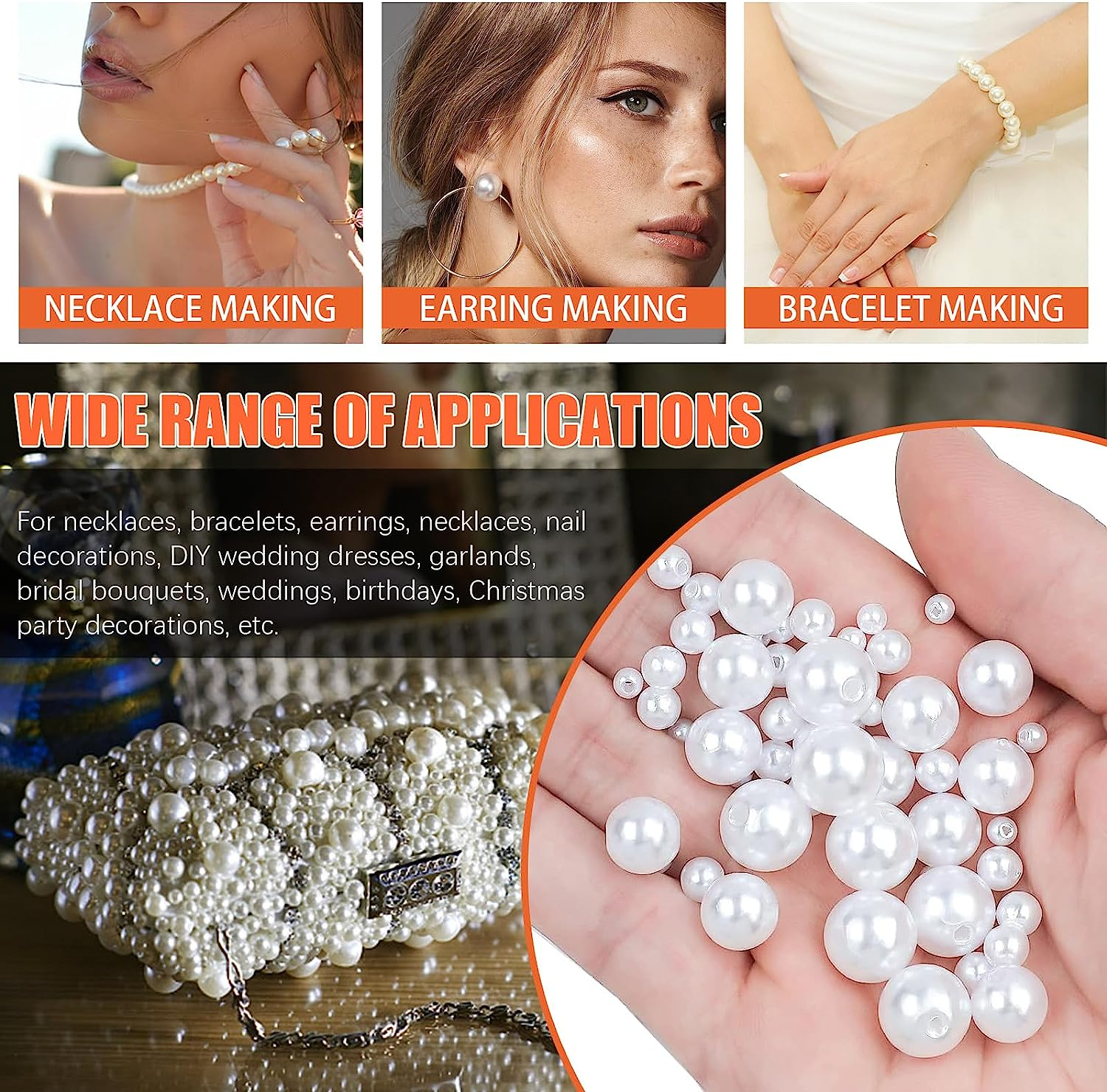 Tanstic 803Pcs White Pearl Beads Kit, 4Mm 6Mm 8Mm 10Mm 12Mm Ivory Pearl Craft Beads with Hole, round Loose Pearls with Tweezer, Crystal String and Scissor for Jewelry Making DIY Crafts image number 3