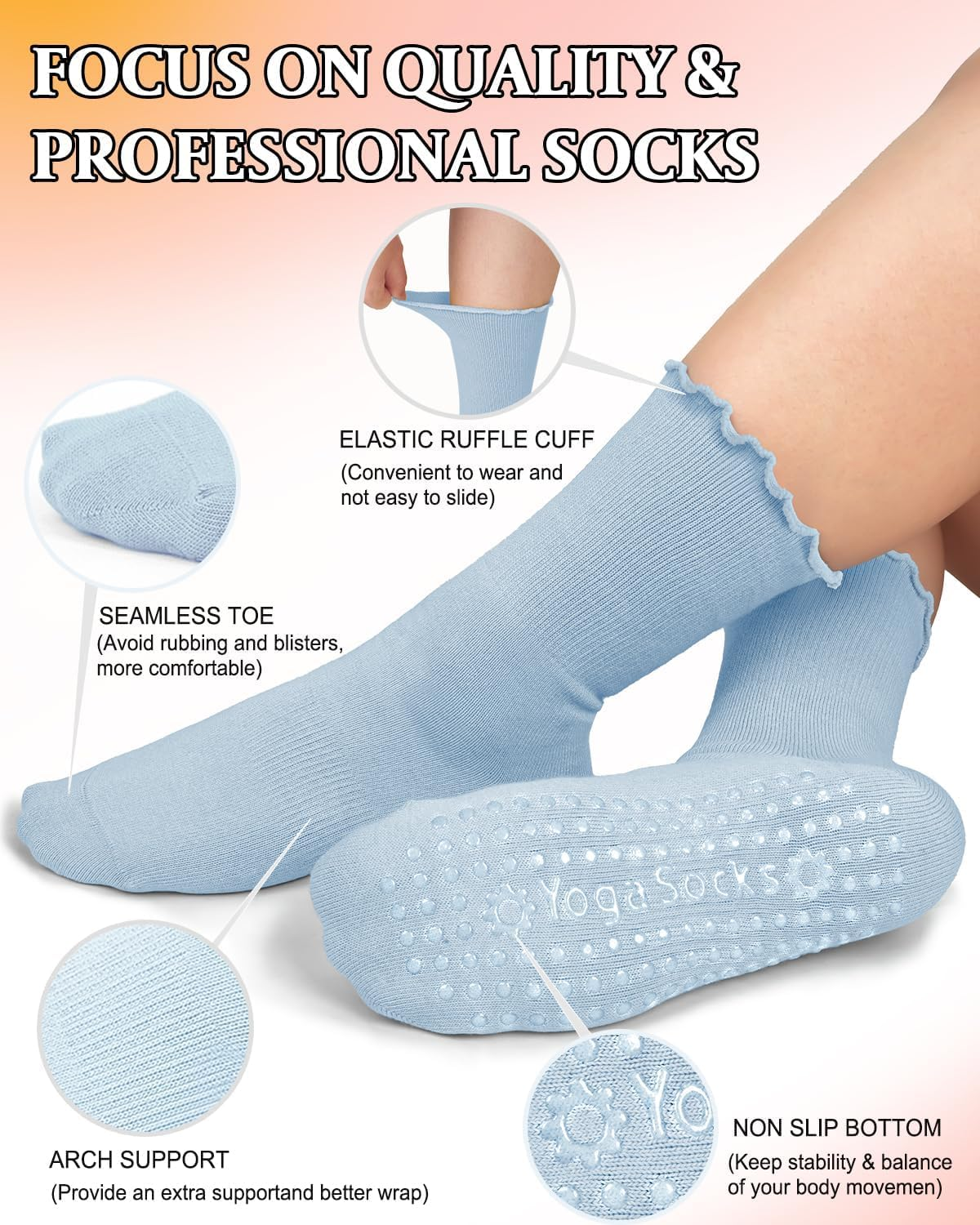 ZANZER Pilates Women'S Yoga Socks with Non-Slip Grip, Ruffle Swivel Cuff & Crew Design - Anti-Skid Workout Socks (Blue+White+Dark Gray+Black) image number 3