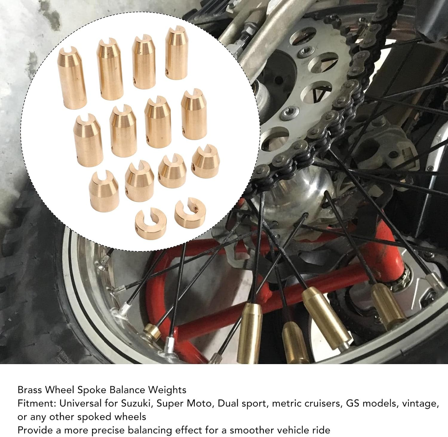Jiawu Motorcycle Brass Wheel Spoke Weights Refill Kits, Reusable Brass Wheel Spoke Balance Weights, Super Moto Vintage Metric Cruisers Dual Sport or Any Other Spoked Wheels (14Pcs) image number 2