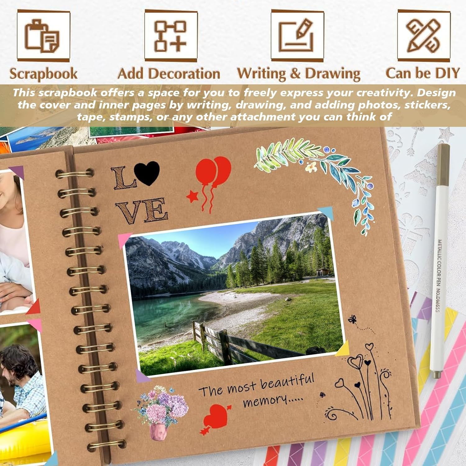 18X18Cm Scrapbook Album DIY Hardcover Kraft Paper Memory Book, 20 Sheets/40 Pages for Photos, Wedding, Family, Travel, Friends, Craft Blank Journal for Creative Projects, Art, Keepsakes (White)