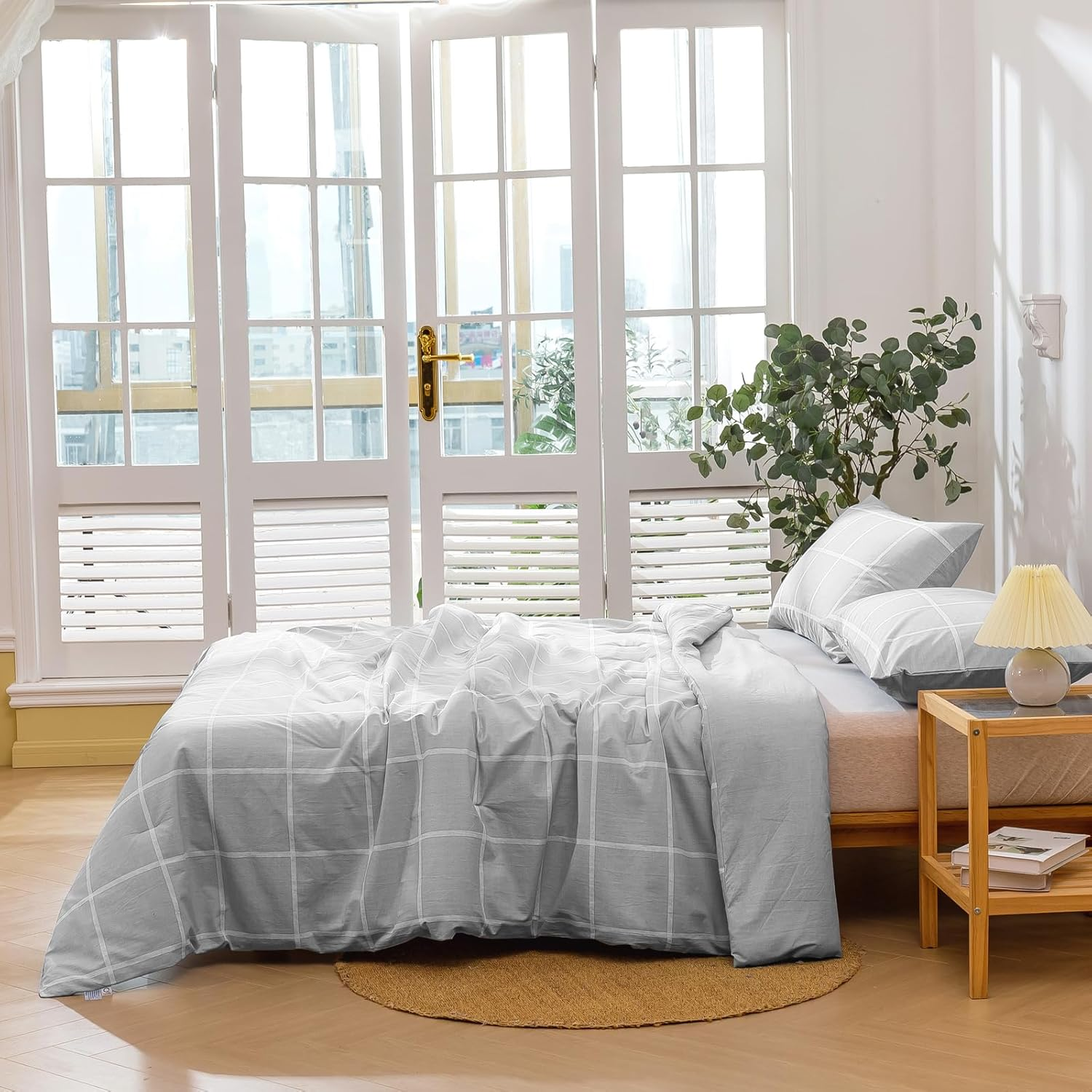 Dreamaker 225TC Cotton Washed Comforter Set - Soft & Cozy Bedding Collection All-Season Quilted Bedspread Hypoallergenic - Checkered Grey (Queen) 1 X Comforter 210X210Cm; 2 X Pillowcases 48X73+15Cm image number 3