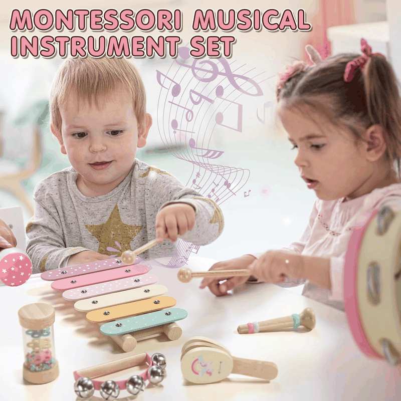 Lehoo Castle Wooden Montessori Musical Instruments Set, Toddler Toys with Xylophone, Tambourine, Drum, Clarinet, Hand Bells, Unicorn Theme image number 2