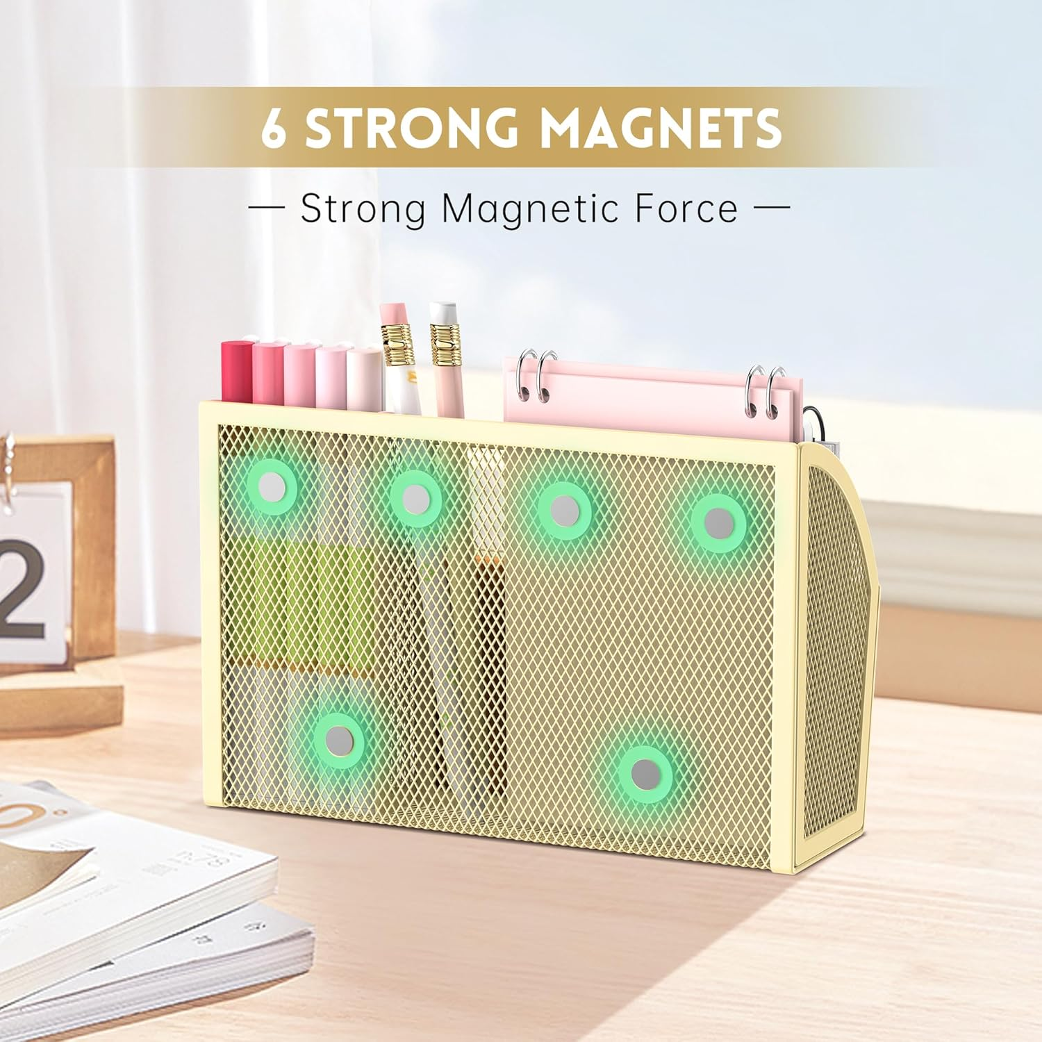 DALTACK Magnetic Pencil Holder for Whiteboard - 3-Grid Mesh Pen Organizer for Refrigerator, Locker Accessories - Office Shelf, Golden Yellow image number 1