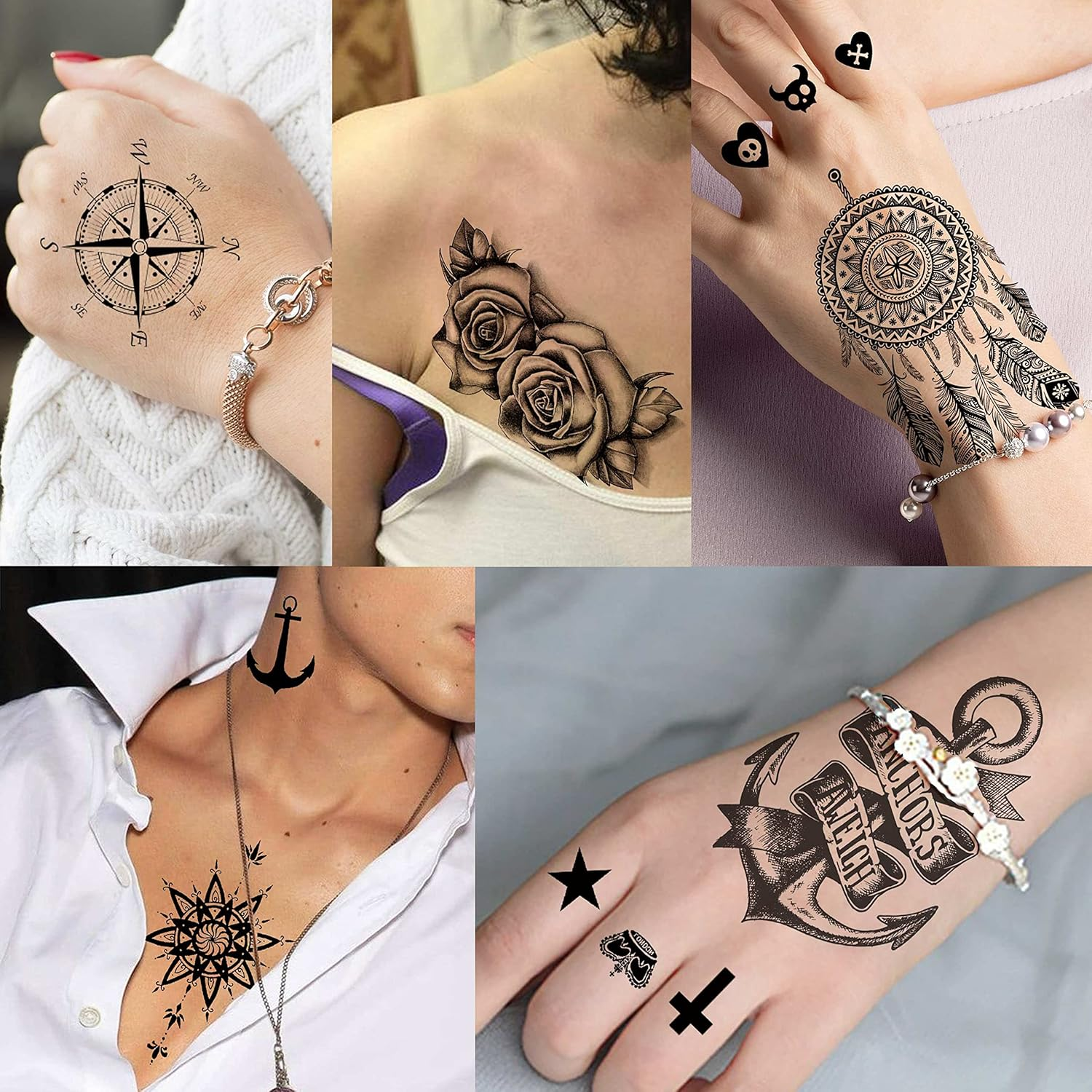 66 Sheets 3D Small Black Temporary Tattoos for Women Men Waterproof Fake Tattoo Stickers for Face Neck Arm Children Flower Birds Star Realistic Tatoo Kits for Boy Girls Adults