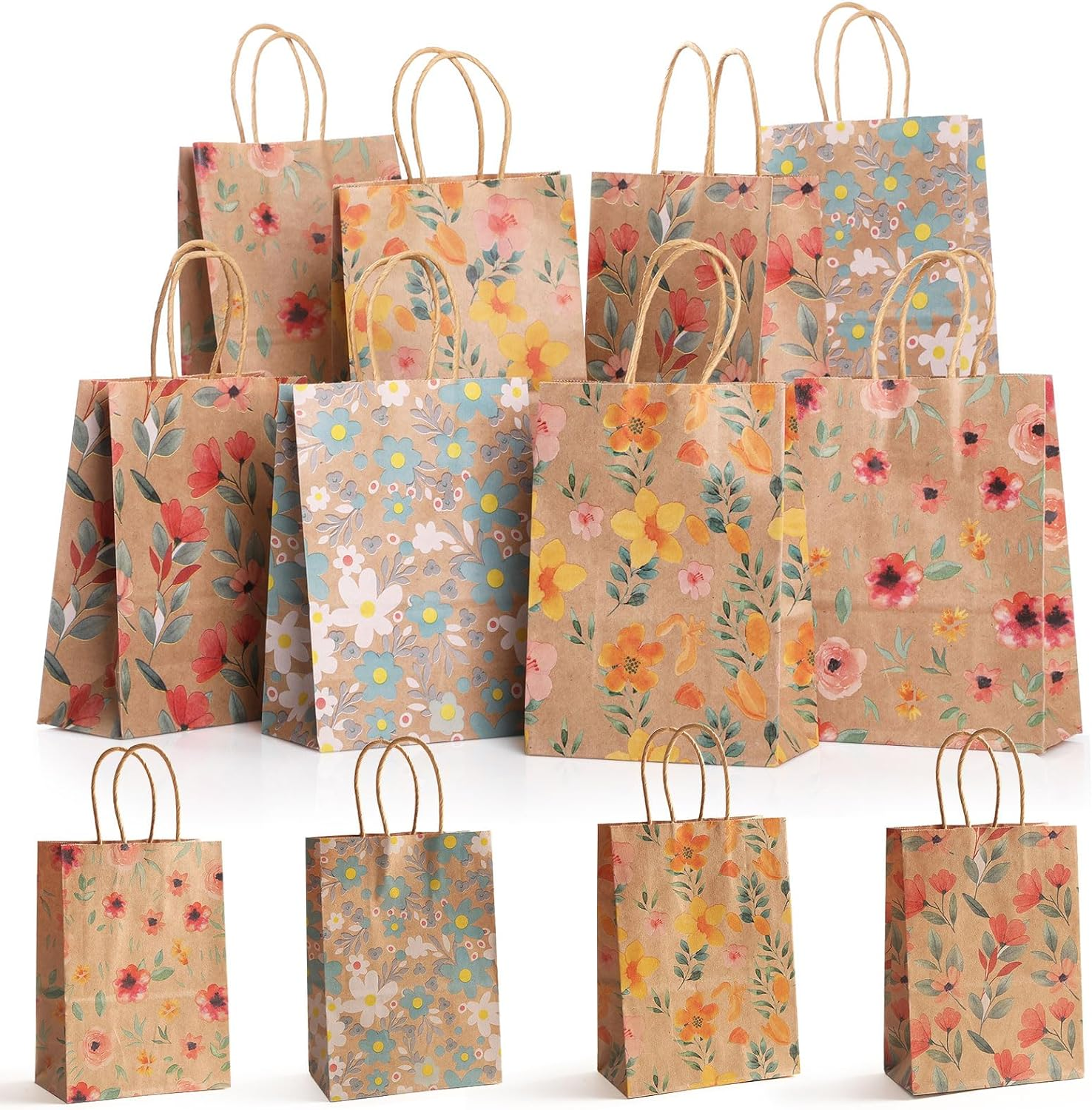 12Pcs Kraft Gift Bags, Geeric Party Gift Bag Printing Flower Gift Wrapping Bags with Handles Candy Treat Bag Paper Bags Bulk for Wedding,Thanksgiving Day,Party Supplies