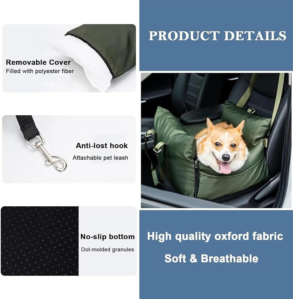 Dog Car Seat for Small Pets up to 27 KG, Portable Booster Seat Cushion Bed with Non-Slip Base, Detachable & Washable Carrier Sofa for Travel (Green)