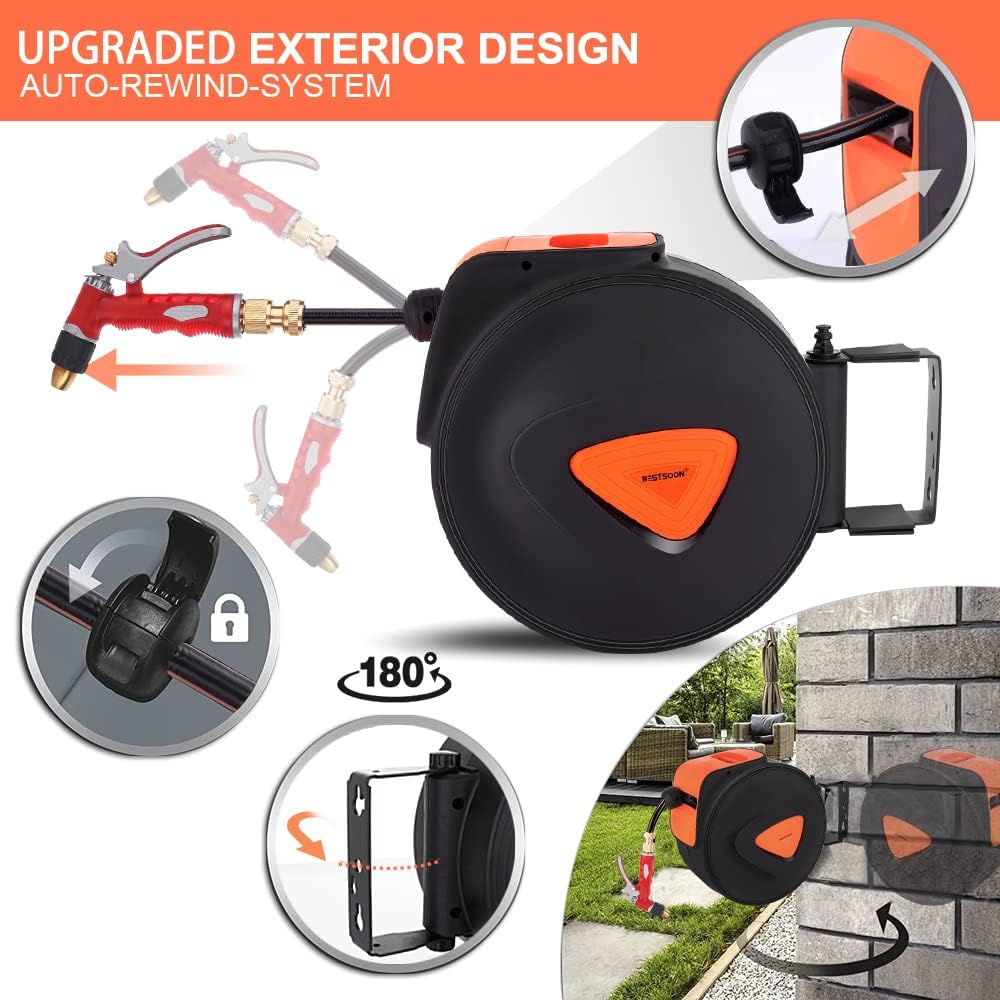 30M Retractable Garden Hose Reel, Heavy Duty Wall Mounted Water Hose Reel with High-Pressure Brass Spray Nozzle, Any Length Lock, Auto-Rewind, 180&deg; Swivel Bracket, for Watering and Cleaning image number 6