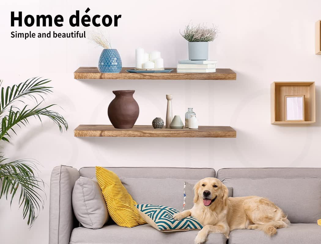 LEVEDE 2 Pcs Floating Shelves Wall Mounted Storage Solid Wood Display Shelf, 2 Small Wall Shelves for Bedroom Living Room Bathroom Kitchen Decor(90X 15 X 3.8Cm) image number 2