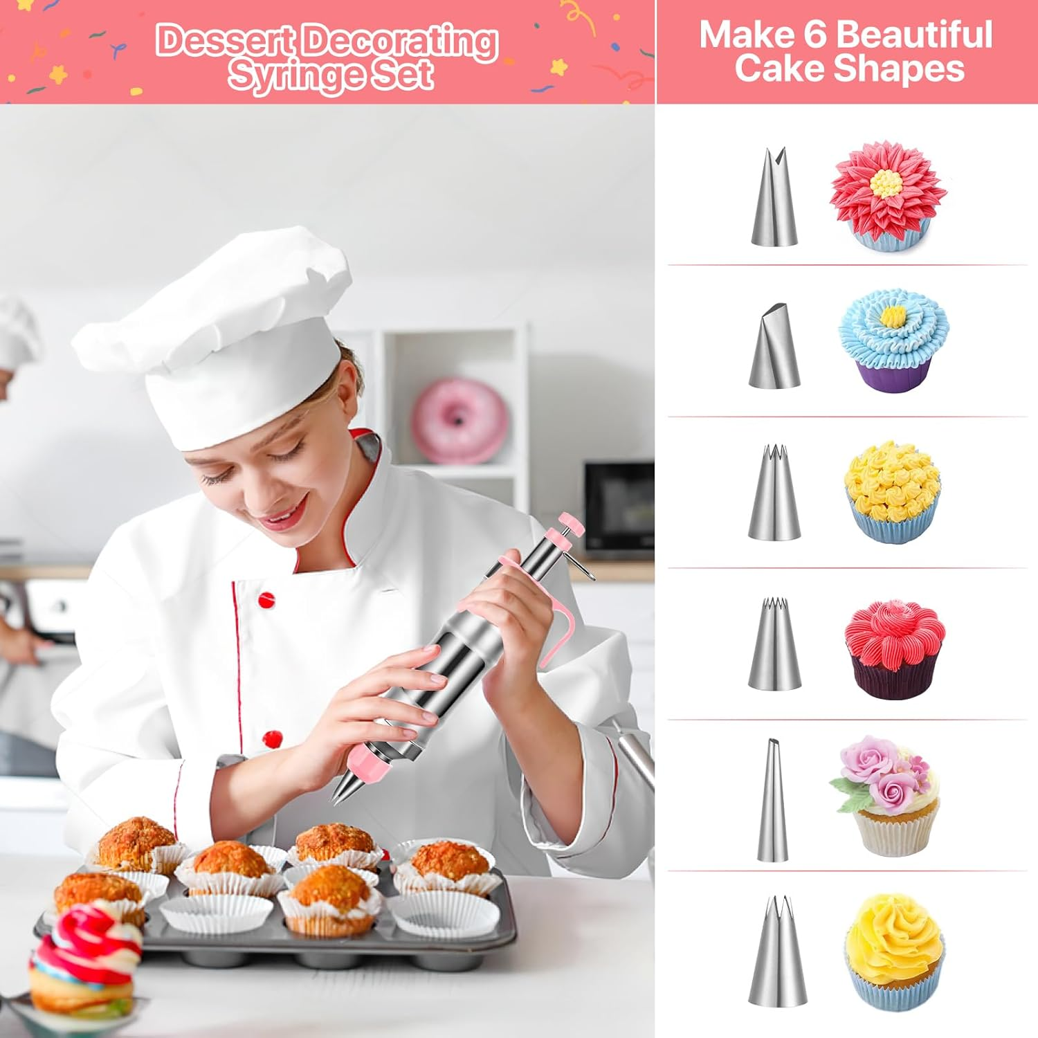 Icing Decoration Gun Set, Stainless Steel Dessert Decorating Syringe Set, Cupcake Frosting Filling Injector with 6 Icing Nozzles, 3 Cream Scraper, 2 Offset Spatula, 2 Nozzle Brush for Kitchen Baking image number 4