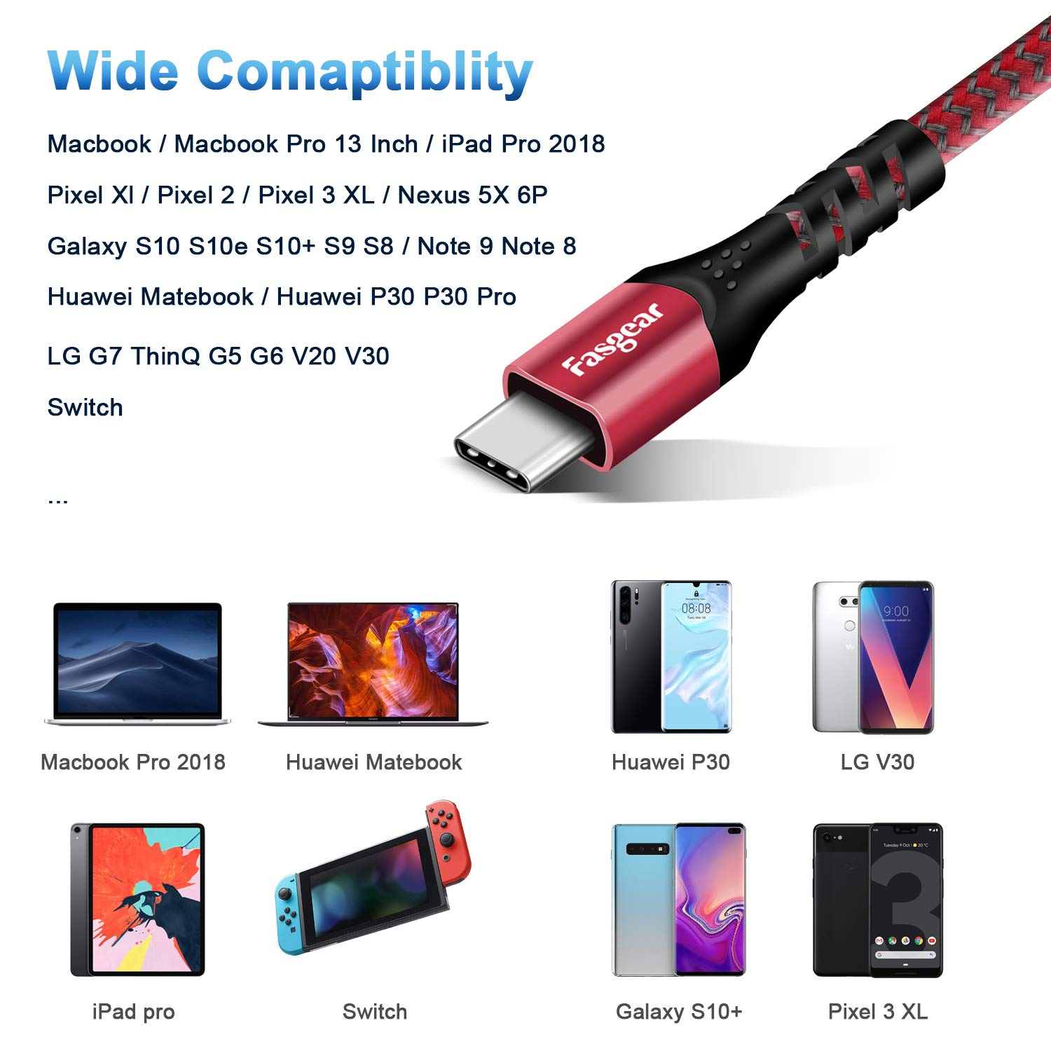 Fasgear 100W USB C to USB-C Cable 3 Pack 50Cm+1M+1.8M PD QC 5A Fast Charging USB 2.0 Type-C Charger Cords Braided Compatible for Macbook Pro Huawei Matebook Ipad Air/Mini 2022 Galaxy S20 Pixel 5 Red image number 2