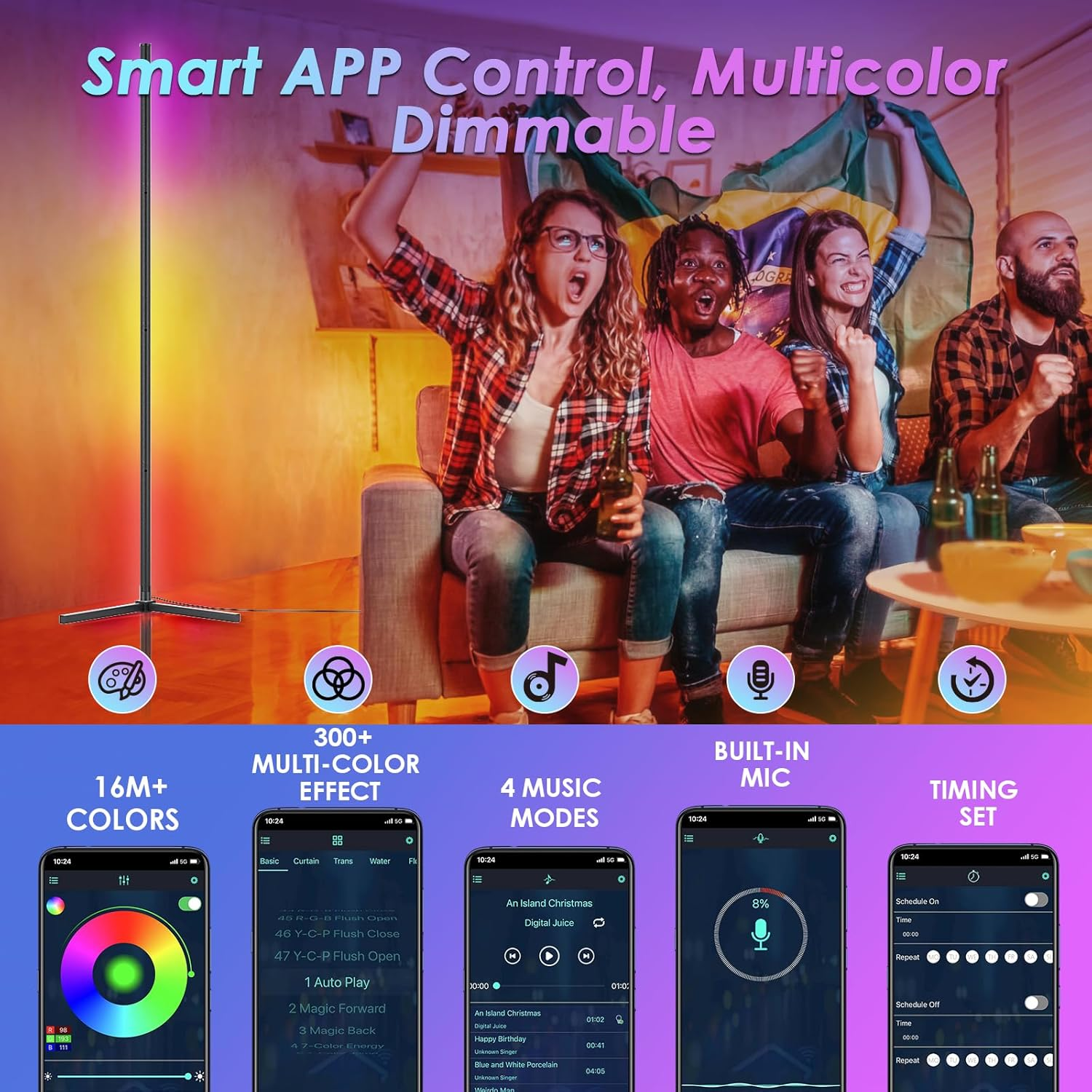 Modern 65&rdquo; LED Corner Floor Lamp with RGB Music Sync, Remote & App Control, 16M DIY Modes, Timer Setting, Black Aluminium image number 5