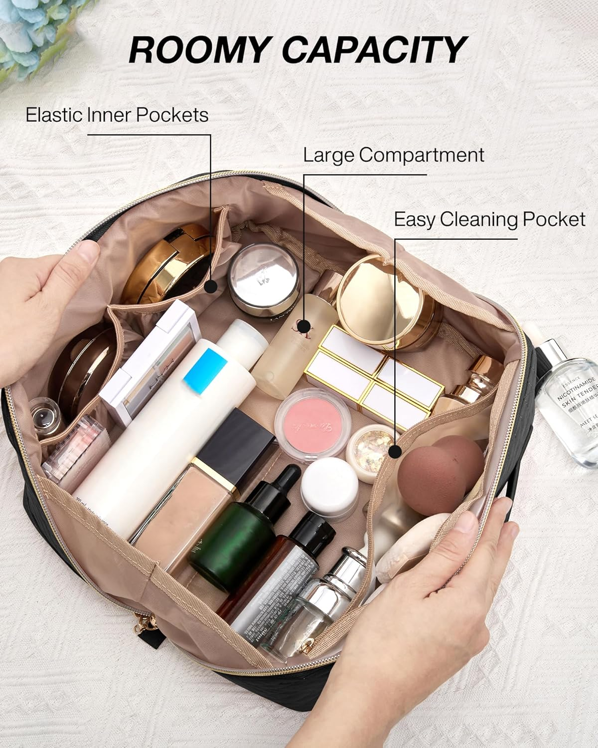 BAGSMART Makeup Bag Cosmetic Bag, Travel Makeup Bag,Water-Resistent Makeup Bags for Women Portable Pouch Open Flat Make up Organizer Case for Toiletries, Brushes, Black image number 1