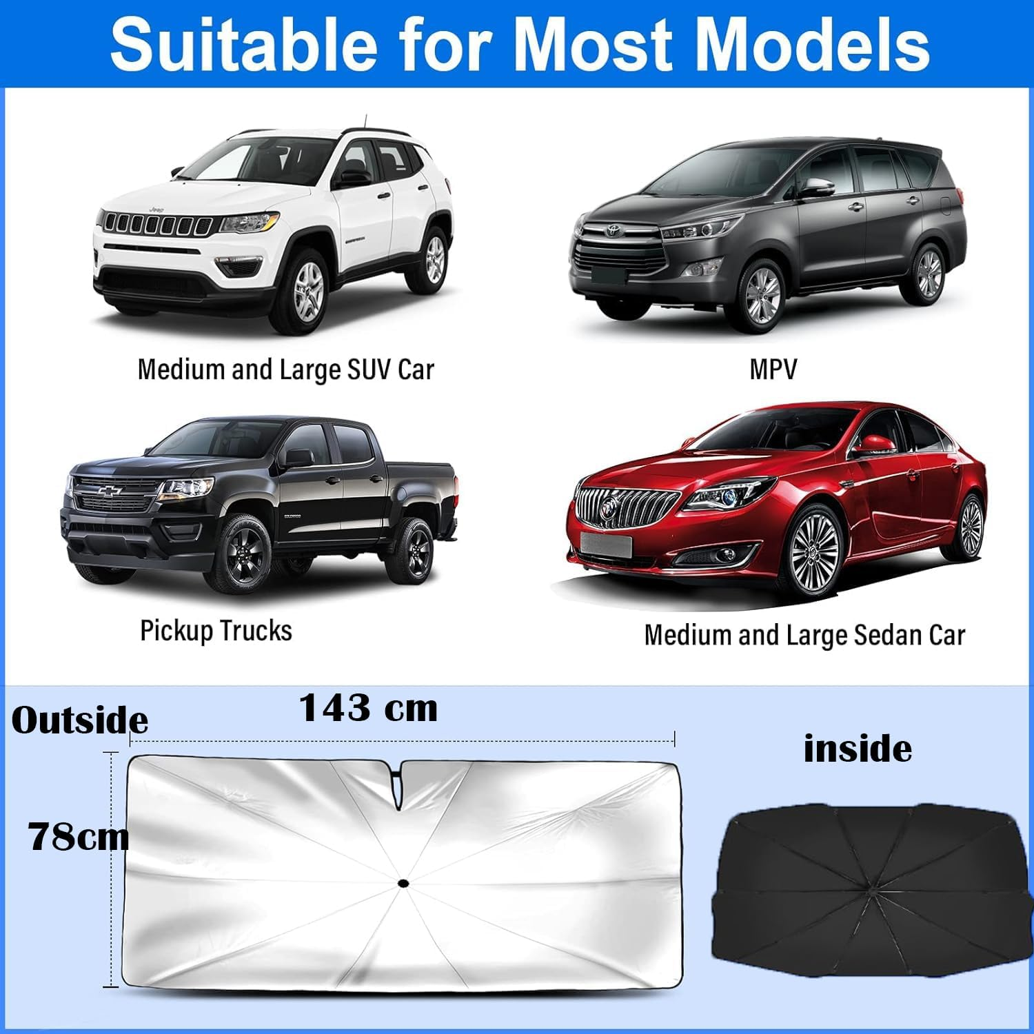 Large Car Sunshade Front Windshield with Safety Hammer Car Windscreen Sun Shade Umbrella Sunshade UV Rays Protector Car Shades for Most Cars Suvs