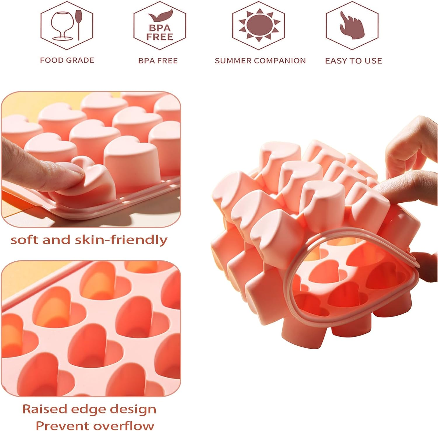 2 Pack Heart-Shaped Ice Cube Trays with Lid and Bin - 48 Holes Silicone Mini Heart Ice Cube Tray, BPA Free and Dishwasher Safe, Fun Shape Ice Cube Mold, Easy to Remove - Blue,Pink image number 6