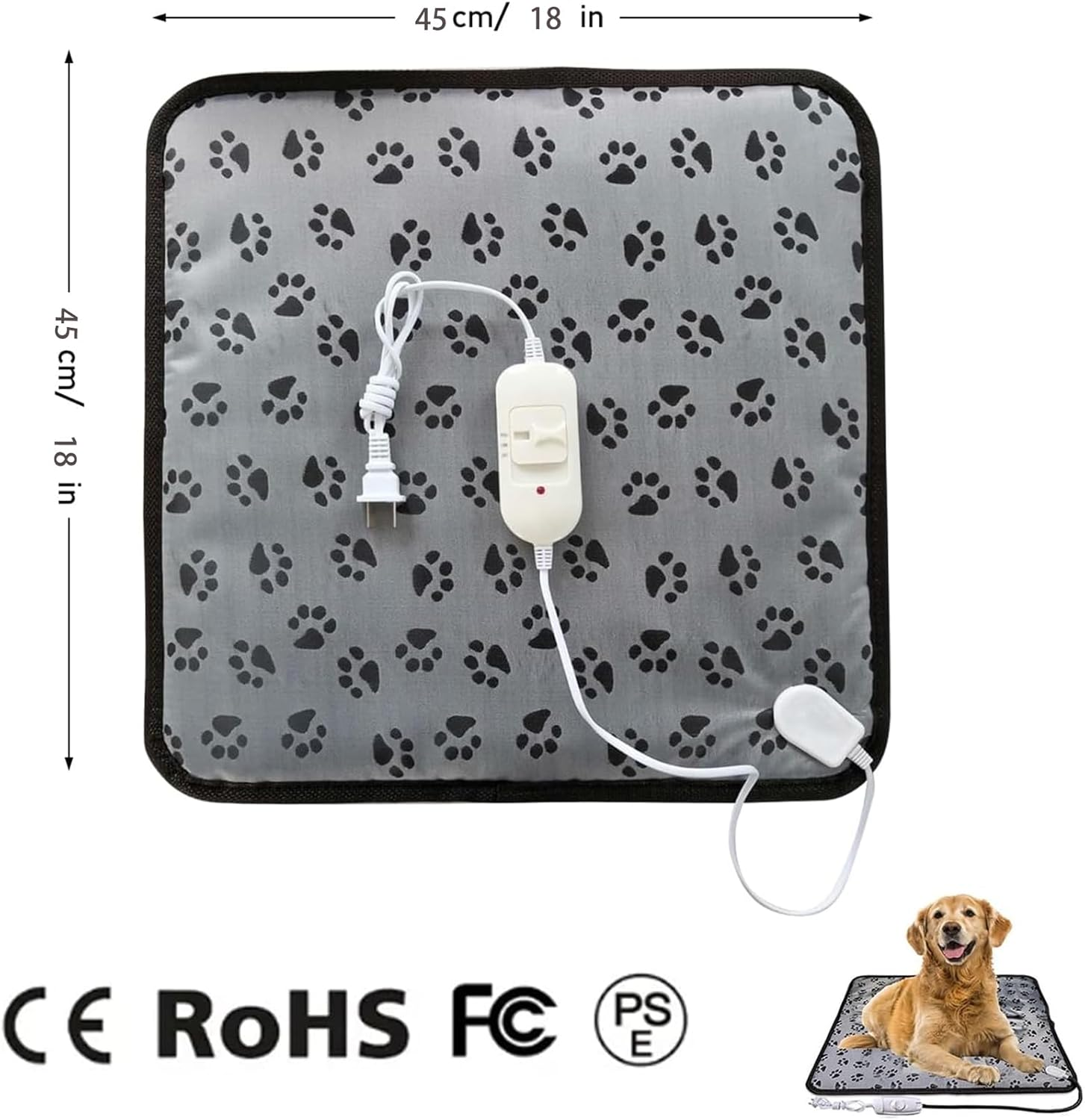 Pet Heated Mat for Cats Dogs, 3 Adjustable Temperature Dog Cat Heating Pad, Warming Heater Bed Pad for Outdoor Cat House, Waterproof (Gray Footmark 45X45Cm) image number 1