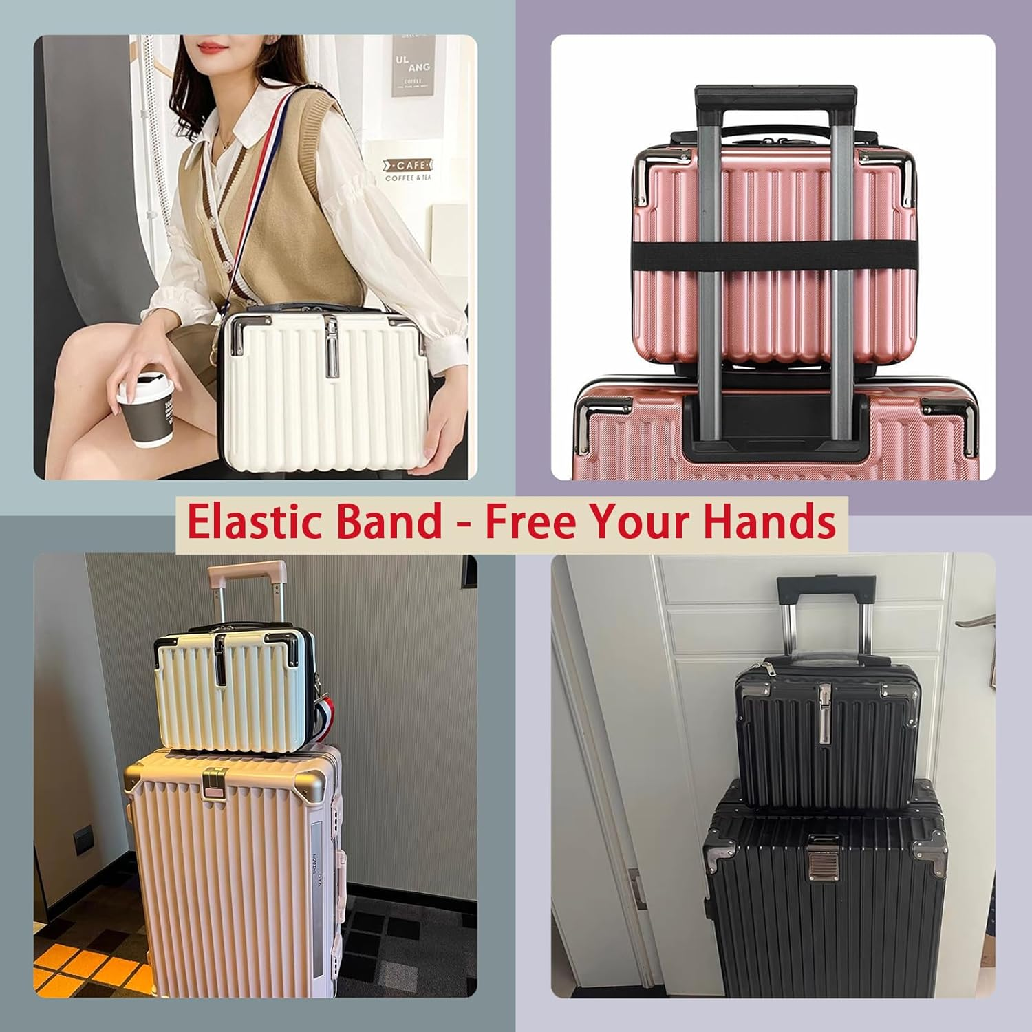 Mini Suitcase Hard Shell Makeup Bag Travel Cosmetic Case Portable Makeup Luggage with Shoulder Strap for Women, Black, Elegant - Pink image number 2